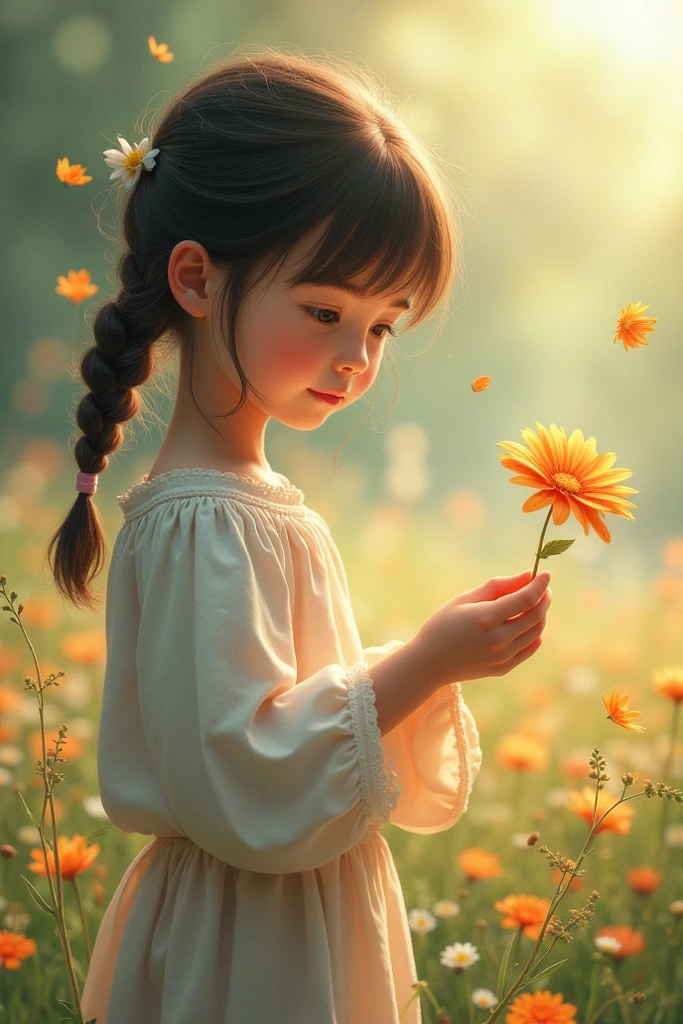 Cute little girl, squatting on the grass, big eyes, happy, holding dandelion in hand, blowing dandelion, classical, 2.5D CG art, dandelion flying in the air, wildflowers blooming on the grass, Hanfu little girl, fine, super high resolution, detailed, cute, cute, petals flying in the air,