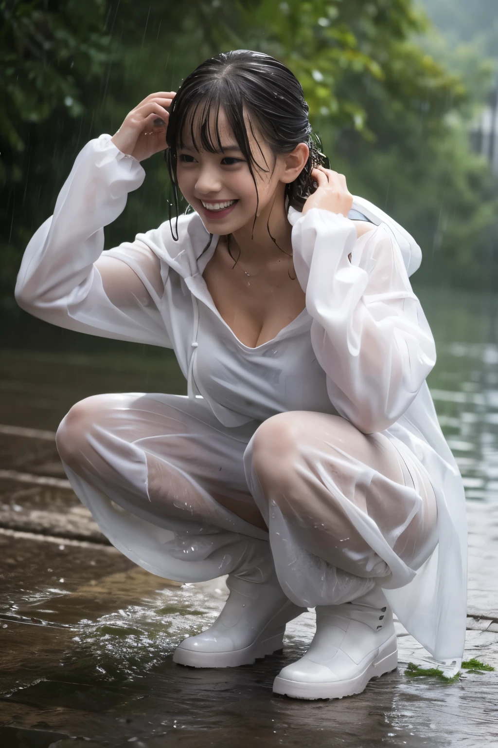 best image quality, masterpiece, ultra high resolution, (fidelity :1.4), photograph, 1 girl,[(sorrow)],white shirt, Desperate, sympathize with, Pathetic, cinematic,tear,teardrop,, (wet clothes:1.5), real rain,wet hair,alone,  textured skin,  shortcuts, wet face,Small park,alone,  teeth and laugh, Grin,  Big Breasts , whole body, squatting, anatomically correct:1.5