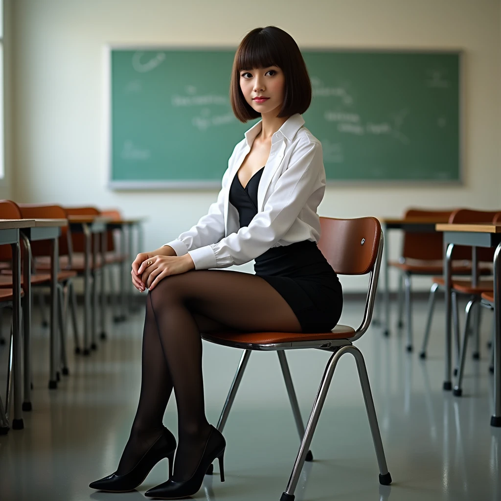 lilycollins in a classroom sitting on a chair, she is wearing an attractive teacher's outfit, with a white open shirt and a tight mini skirt with black nylon stockings, she is sitting with her legs crossed, wearing black high heels, looking straight at the camera, full body image, from head to toe, short straight hair.