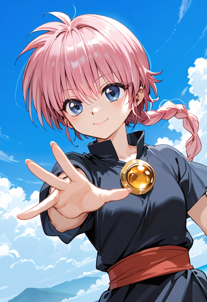  score_9,  score_8_up,  score_7_up,  source_Anime,  screenshot,masterpiece,  best quality,  high definition ,  Unity 8K Wallpaper, (Illustration:1.1),  super detailed face,  highly detailed CG , perfect anatomy,  amazing hands,  perfect hands , Ranma, pink hair,  watching viewers ,  cowboy shooting alone,  Dutch angle ,  Cowboy Shots ,  simple background，White background, tomboy girl, energetic pose, mischievous smile,