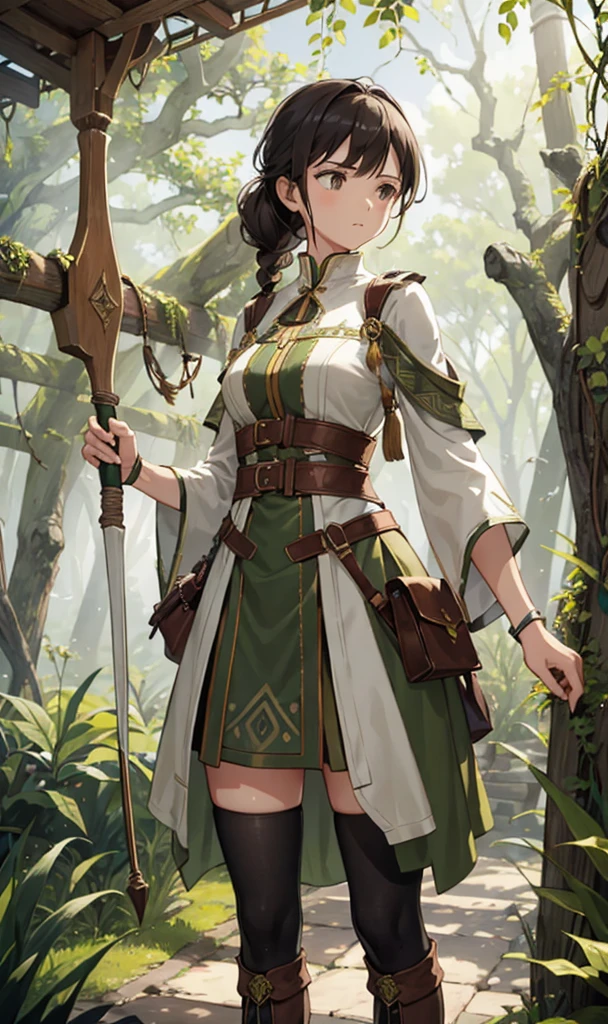 A huntress with light brown hair tied back in a practical yet slightly loose style, framing her determined expression. She wears an olive-green asymmetrical medieval-style skirt, the edges slightly frayed from her journeys, paired with rugged brown knee-high boots, their leather textured with scratches and wear. Her white blouse, simple yet elegant, features subtle embroidery near the collar and sleeves, complementing her short olive-green shawl adorned with intricate patterns woven into the fabric. She dons brown gloves with reinforced stitching, designed for durability in the wild. In her hands, she holds a finely crafted bow, its wooden body polished yet showing signs of frequent use, while a quiver of arrows hangs at her side. The scene captures her poised and ready for battle, set against a lush forest backdrop bathed in soft, dappled sunlight, emphasizing her connection to nature. Ensure detailed textures in the clothing, boots, and bow to create a high-definition and immersive image.




