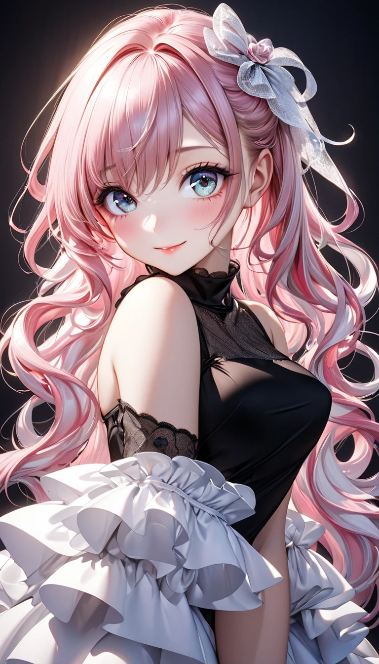 1 girl,Depp's Sense,confused,catch light,Super beautiful illustration,(black and white,Clothes,dealer),(pink hair,ponytail:1.3),Cute big red ribbon,delicate and detailed light blue eyes,;d,beautiful and delicate flowing hair,big smile