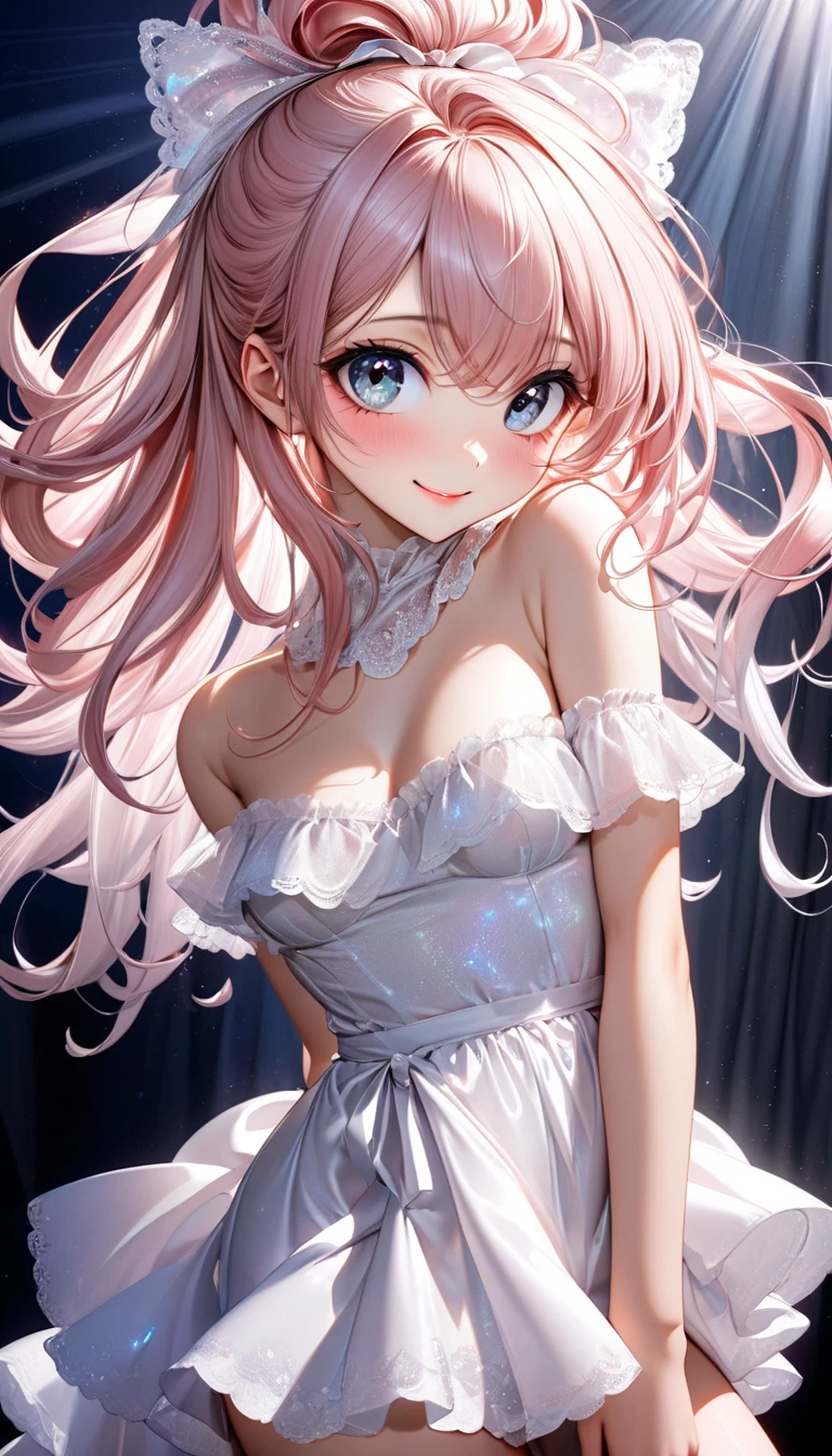 middle-aged girl,long pink hair, reddish-pink lips,In a bright white shirt,Pastel palette in aurora punk style,anime illustration of her face,Animated GIFs,Hand-drawn animation,Fascinating sketch,smooth and shiny,Foggy romanticism,Super flat style,White background -- ar 1:1-niji 5-expressive style-with 50,cleavage,large breasts,Shoulder straps are detachable, castle in the background