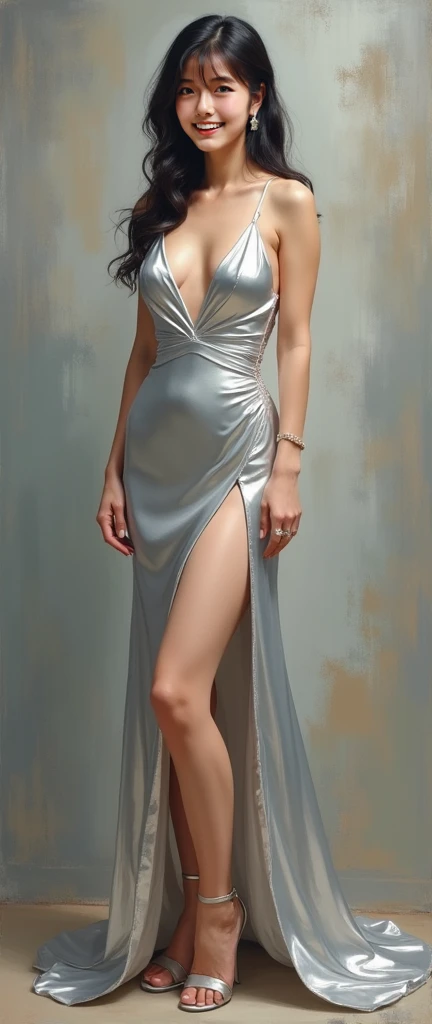 uma mulher em um vestido prateado com uma fenda alta, vestido prateado extravagante, usando vestido prateado, fenda traseira, Mercury dress, vestido sexy, vestido cintilante de diamante, vestido sexy, revelando vestido elegante, silver garment, vestido de glitter, vestido de costas aberto, vestido decotado, vestido aberto, vestido claro meio aberto, vestido astral, coberto em ouro brilhante e prata, vestido de luxo