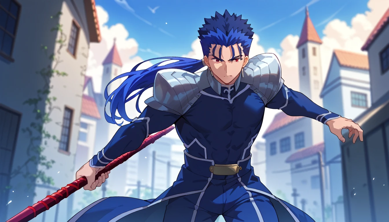 score_9, score_8_up, score_7_up, score_6_up, score_5_up, score_4_up, just describe what you want, tag1, tag2,Midnight,CITY
BREAK
source_anime, 
BREAK
1 boy,lancer_fsn, blue hair, red eyes, long hair, ponytail, spiked hair,weapon, polearm, spear, holding, holding weapon, holding polearm, dynamic angle, cowboy shot