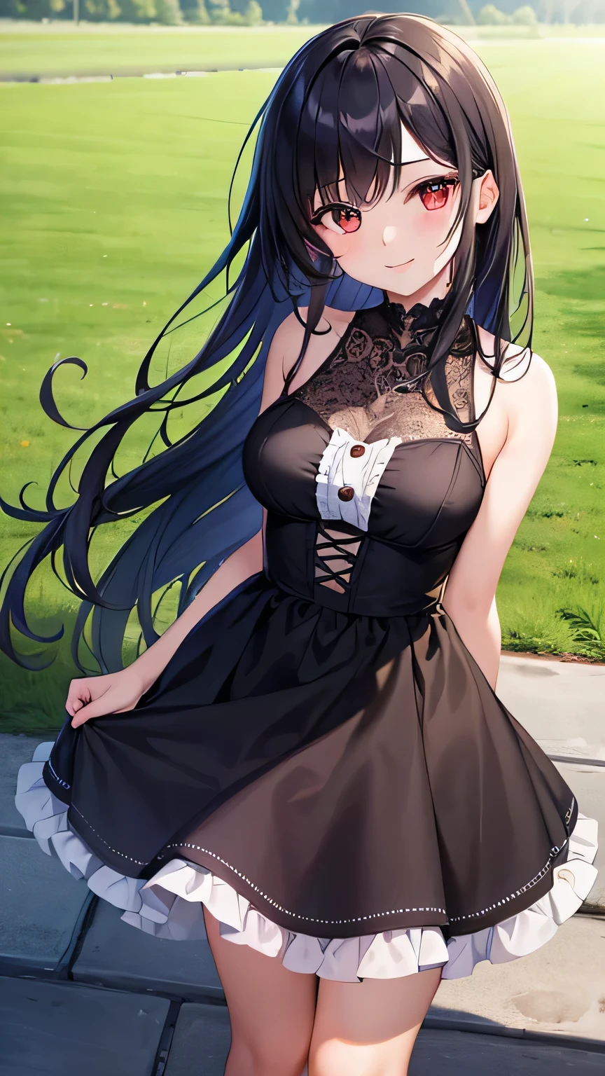 (masterpiece, best quality:1.2), cowboy shot, solo, 1girl, yukinoshita yukino, ((smile face:1.4)), ((looking at viever:1.4)), ((black short dress with skirt:1.4)), ((Sky from above:1.4)), ((black panties:1.4)), ((full body)), ((sitting on grass)), ((black pantyhose:1.4)), outside, ((blushing:1.4)), ((armpits)), ((hands behind head:1.4))