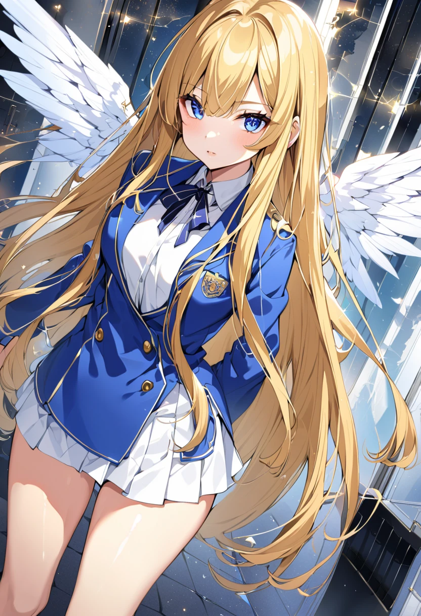 cowboy shot, filo, 1girl, solo, blond hair,embarrassed, closed mouth, flat chest,skinny,short stature,white wings, hite dress, blue bow, long hair, blue eyes, looking at viewer, parted bangs, bent over,(from below:1.5),(skirt lift:1.5), ((skirt grabs:1.3)),(panty shot:1.3),white panty,top-quality,Top image quality,perfect anatomy,masterpiece,ultra-detailliert,Beautiful,ultra-quality, best quality,high resolution, ultra-detailed,game cg,dutch angle ,beautiful detailed eyes,visualart,five fingers, perfect hands