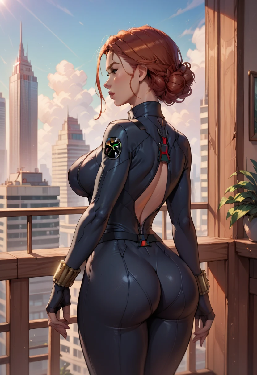 Black Widow, Big breasts,  deep cleavage, tight black bodysuit, balcony of modern skyscraper , rear view, hands in front of her stomach, bare butt, naked thighs