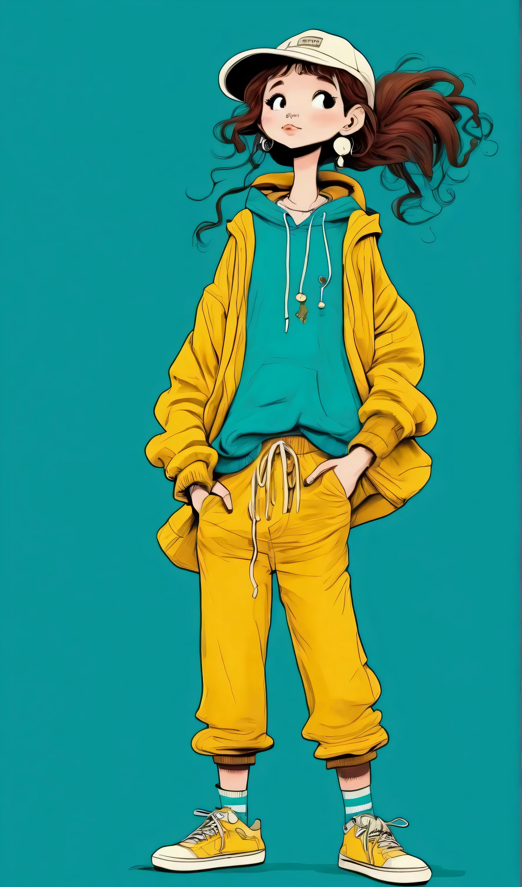 A cartoon girl in a yellow jacket and yellow pants - SeaArt AI