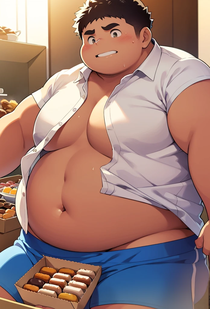 Fat indian boy , obese boy, big belly, tight belly, small white button shirt, small brown shorts, eating a chocolate donut, obese, muscle-less guy, wearing an extremely tight sleeveless shirt, his fat pecs sticking out of the sides of the shirt, big baker's belly, paunchynext to a box full of desserts and sweets, fat face, fat asshole, fat boy tits, Her tits are pointing in opposite directions, belly hanging out of her shirt, fat navel that slightly lifts the shirt, exposed navel, glutton, distracted, extreme obesity, sweat, heat, sun rays, 3:4, detailed face