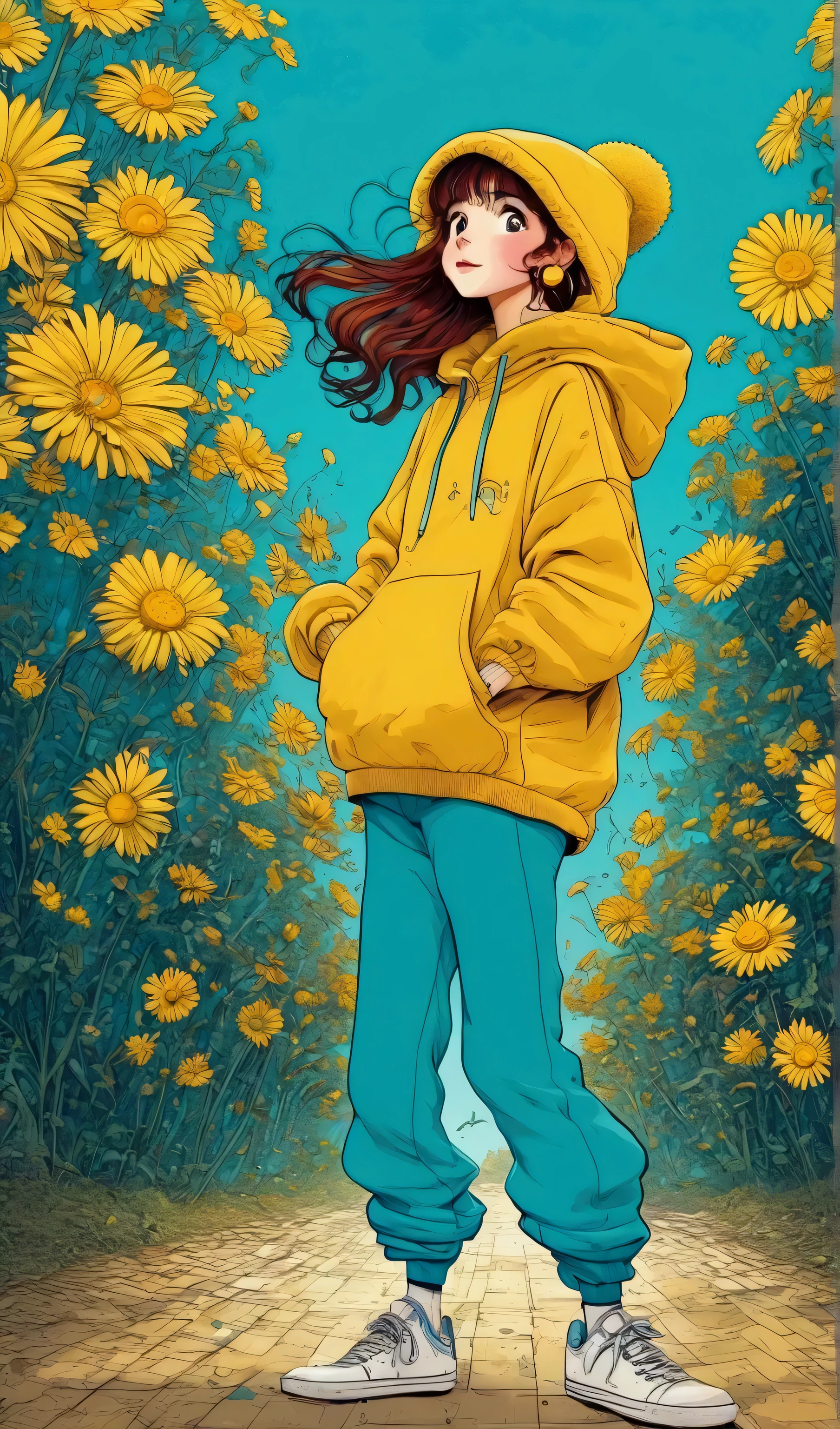  full body shot ,  she is standing with her hands in her pants pockets , a cartoon girl wearing a loose yellow hoodie, white wool hat, round cyan earrings and plaid pants with daisy ties,  brown hair moving in the wind ,  white sneakers , cyan wallpaper,  vector art by Yamagata Hiro ,  trend in cg , esteticismo, in blue and yellow clothes, anime  full body illustration ,  full body illustration , some  yellow and blue,  illustration style ,  yellow and blue, yellow clothes, Phone background, y2k style, y2k style, Beautiful art style