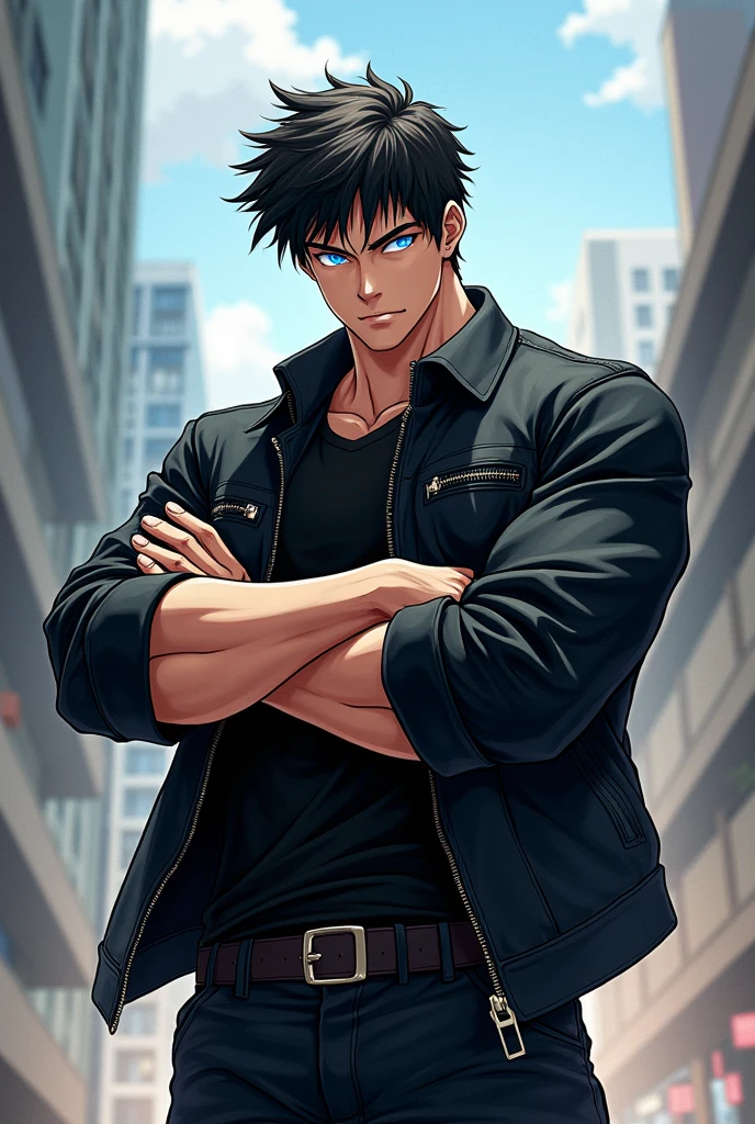 a man wearing a black shirt, blue jeans, wearing sunglasses, muscular, in a modern city, ultra detailed, masterpiece, perfect, ultra resolution, 4k hd