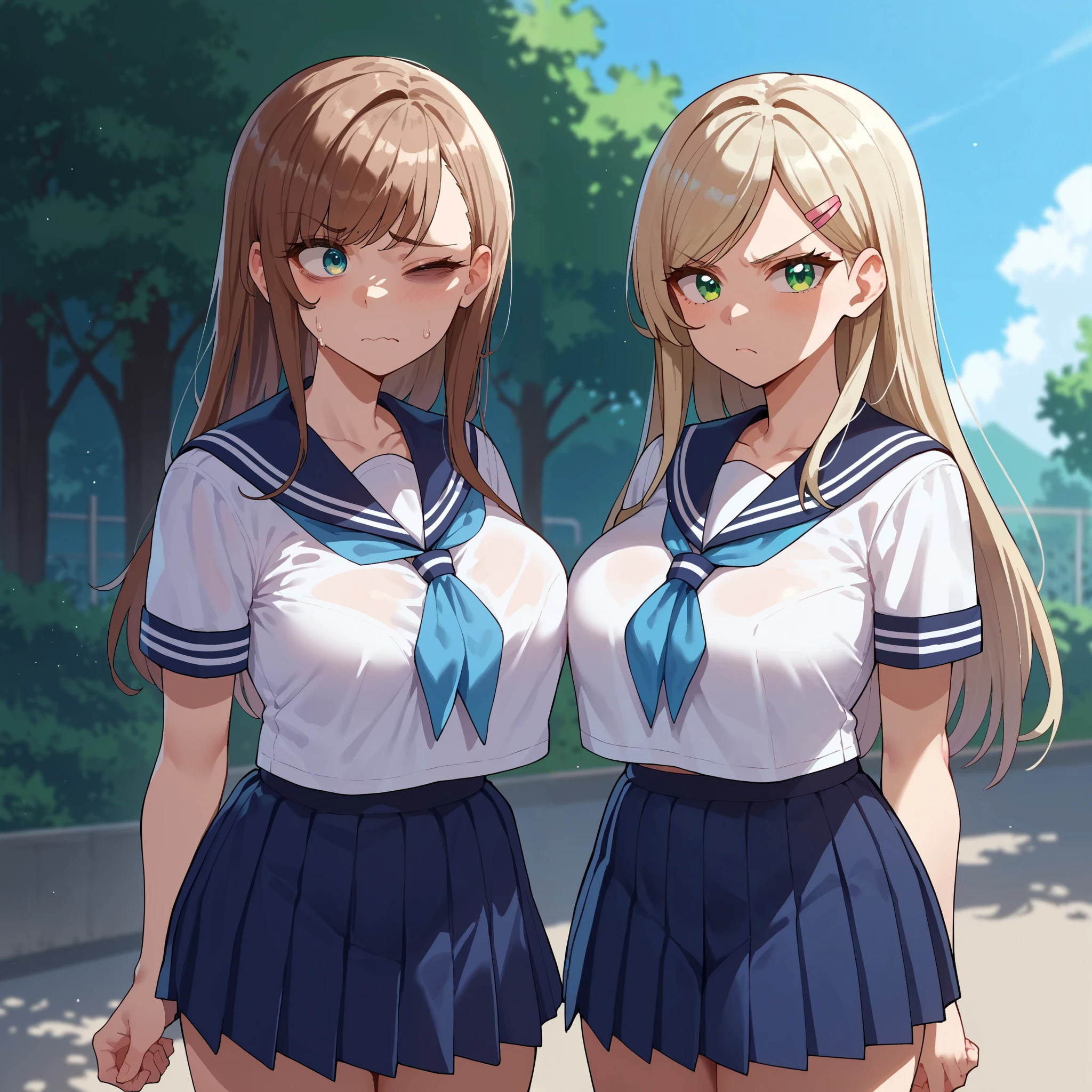 {{score_9, score_8_up, score_7_up, score_6_up, score_5_up, score_4_up, source_anime}} 1girls, outdoors, school, cowboy shot, medium breasts, bags under eyes, nervous, hand to chest, brown hair, long hair, long bangs, hair over one eye, serafuku, sailor shirt, blue neckerchief, looking at viewer, medium breasts, blue eyes, nyantcha