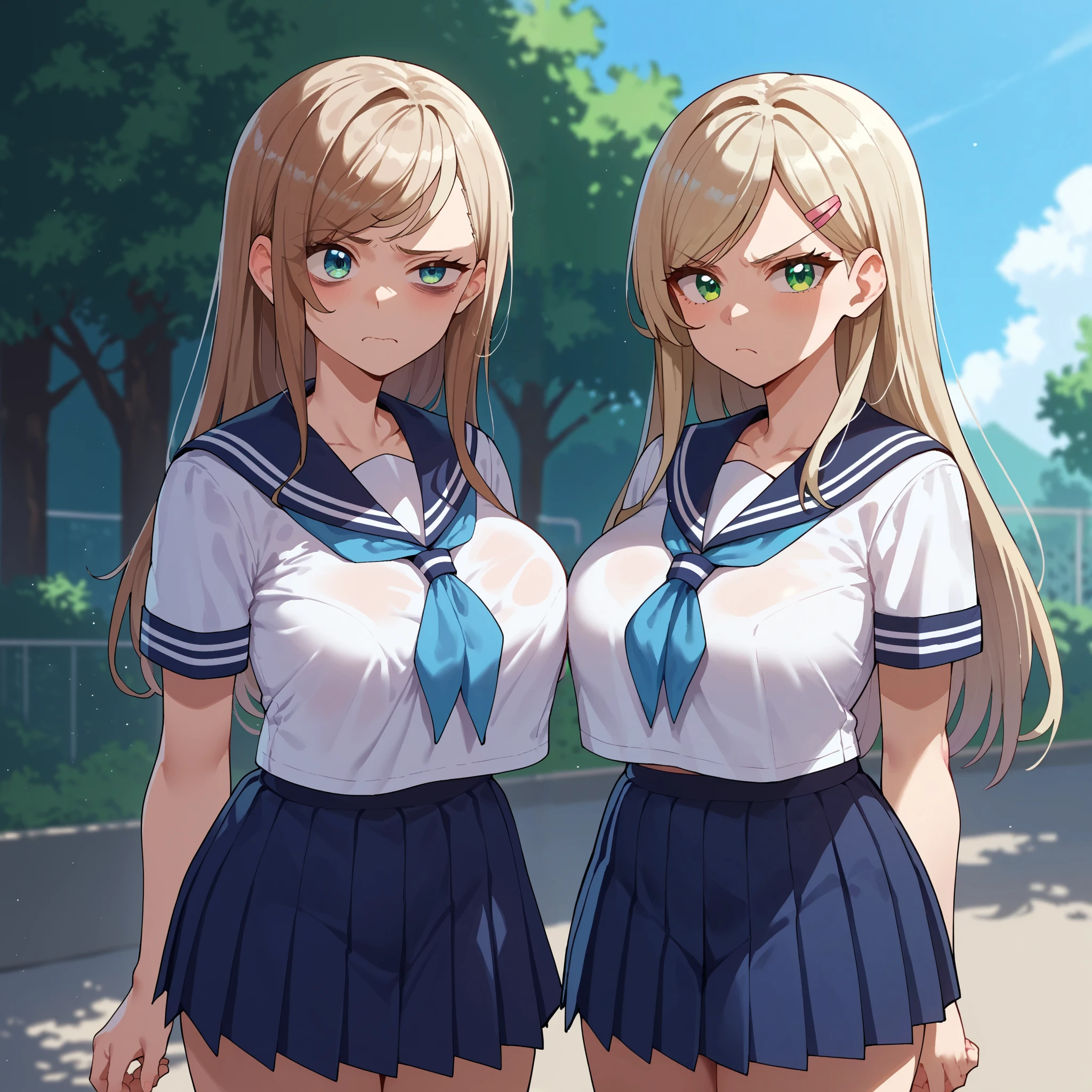 {{score_9, score_8_up, score_7_up, score_6_up, score_5_up, score_4_up, source_anime}} 1girls, outdoors, school, cowboy shot, medium breasts, bags under eyes, nervous, hand to chest, brown hair, long hair, long bangs, hair over one eye, serafuku, sailor shirt, blue neckerchief, looking at viewer, medium breasts, blue eyes, nyantcha