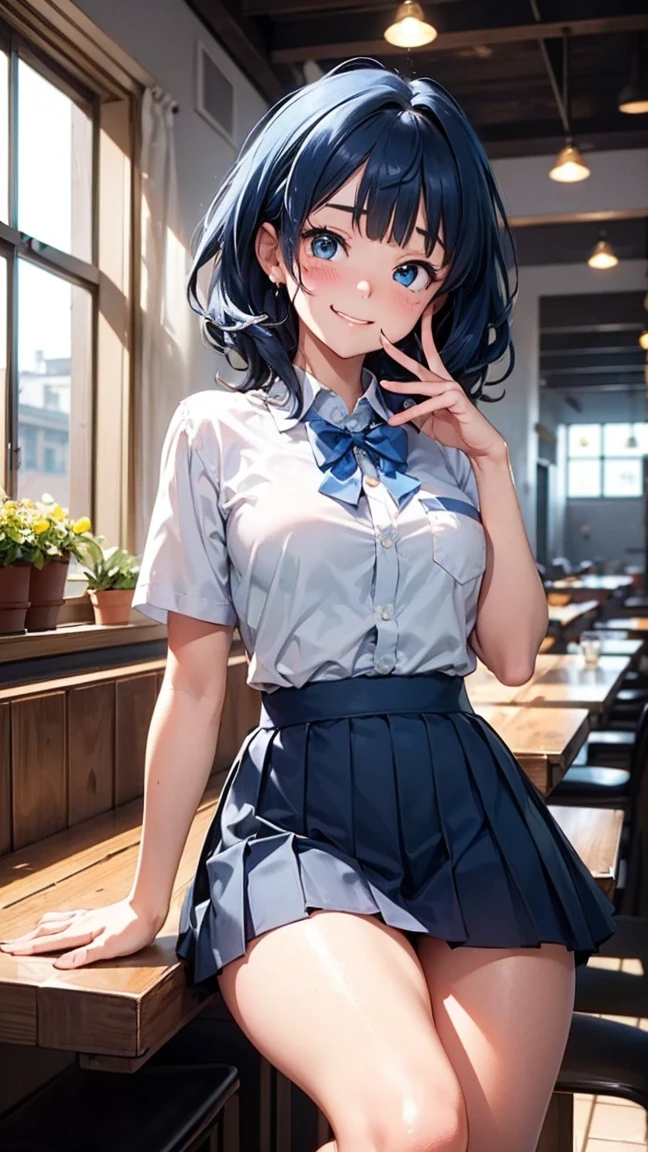 Yanami Anna, ahoge,medium hair,blue hair,sidelocks,blunt bangs,blue eyes, school uniform,collared shirt,white shirt,pocket,blue bow,yellow bow,short sleeves,medium breasts,skindentation,shirt tucked in,blue skirt,pleated skirt,black socks,loafers-,------Looking at the Viewer, Solo Focus, Restaurant Interior, Indoors, Real World Location, Western-style Furniture, Stylish Interior Based on an Italian Folk House, Italian Diner, Fine Interior, ,Sitting in a Chair and Eating Pasta, City, Daytime Best Quality Background, High Resolution Background, Highly Detailed Background--((Squinting Eyes and Showing a Cute Smile: 1.3))),,((Blushing and Embarrassed Expression 1.3)),miniature human hand,(((medium bust 1.3))),(((thin thighs 1.3))),perfect anatomy, perfect proportions, nice lighting, bright colors, clean lines, information, blurred, stunning facial expression, restless emotions, gorgeous and cute, beautiful face and eyes with every detail,(masterpiece)beautiful face, young and handsome girl, really perfect skin, blurred, facial expression, restless emotions, gorgeous and cute, beautiful face and eyes with every detail,(Audrey Hepburn),(cute),(J-POP idol),(thighs,(depth of field),(depth of detail),soft light, sparkling lens gaze,(droopy eyes)),straight teeth, shy smile, flowing hair,