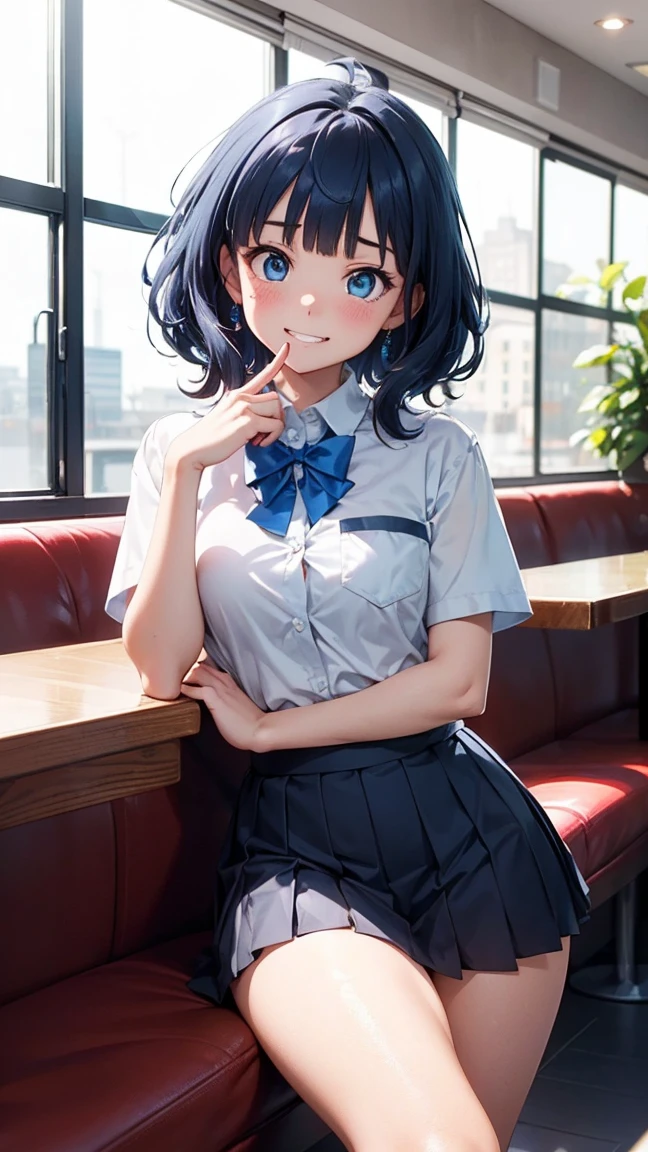 Yanami Anna, ahoge,medium hair,blue hair,sidelocks,blunt bangs,blue eyes, school uniform,collared shirt,white shirt,pocket,blue bow,yellow bow,short sleeves,medium breasts,skindentation,shirt tucked in,blue skirt,pleated skirt,black socks,loafers-,------Looking at the Viewer, Solo Focus, Restaurant Interior, Indoors, Real World Location, Stylish Ambiance, Italian Diner, Fine Interior, , Sitting on a Chair Eating Pasta, City, Daytime Best Quality Background, High Resolution Background, Highly Detailed Background--((Squinting Eyes and Showing a Cute Smile: 1.3))),,((Blushing and Embarrassed Expression 1.3)),Miniature Human Hand,(((Medium Bust 1.3))),(((thin thighs 1.3))),perfect anatomy, perfect proportions, nice lighting, bright colors, clean lines, information, blurred, stunning facial expressions, restless emotions, gorgeous and cute, beautiful face and eyes with every detail,(masterpiece) beautiful face, young and handsome girl, really perfect skin, blurred, facial expressions, restless emotions, gorgeous and cute, beautiful face and eyes with every detail,(Audrey Hepburn),(cute),(J-POP idol),(thighs,(depth of field),(depth of detail),soft light, sparkling lens gaze,(droopy eyes)),straight teeth, shy smile, flowing hair,