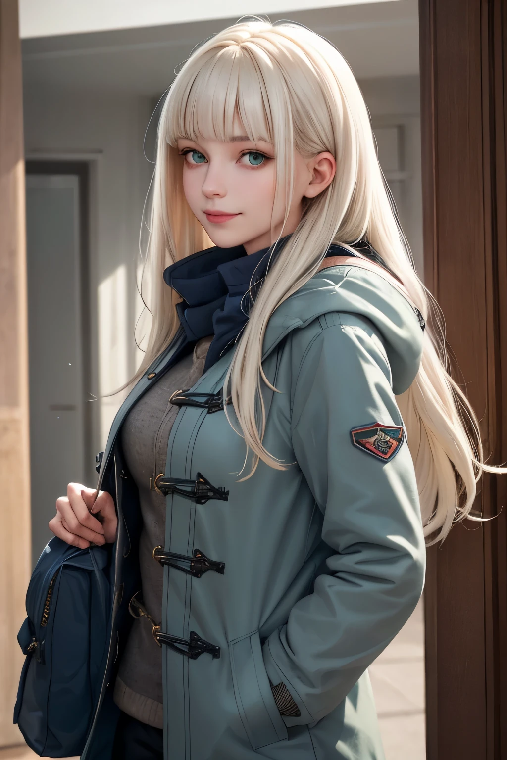 masterpiece, best quality, portrait, 1lady, solo,  casual, long hair, minimal makeup, natural fabrics, blue duffel coat, 
cargo pants,  (smile:0.8), home, looking forward, looking towards camera, front view, full front view face, forward portrait, looking at camera portrait, big breasts, long light platinum blonde hair, bangs, green eyes, closed mouth