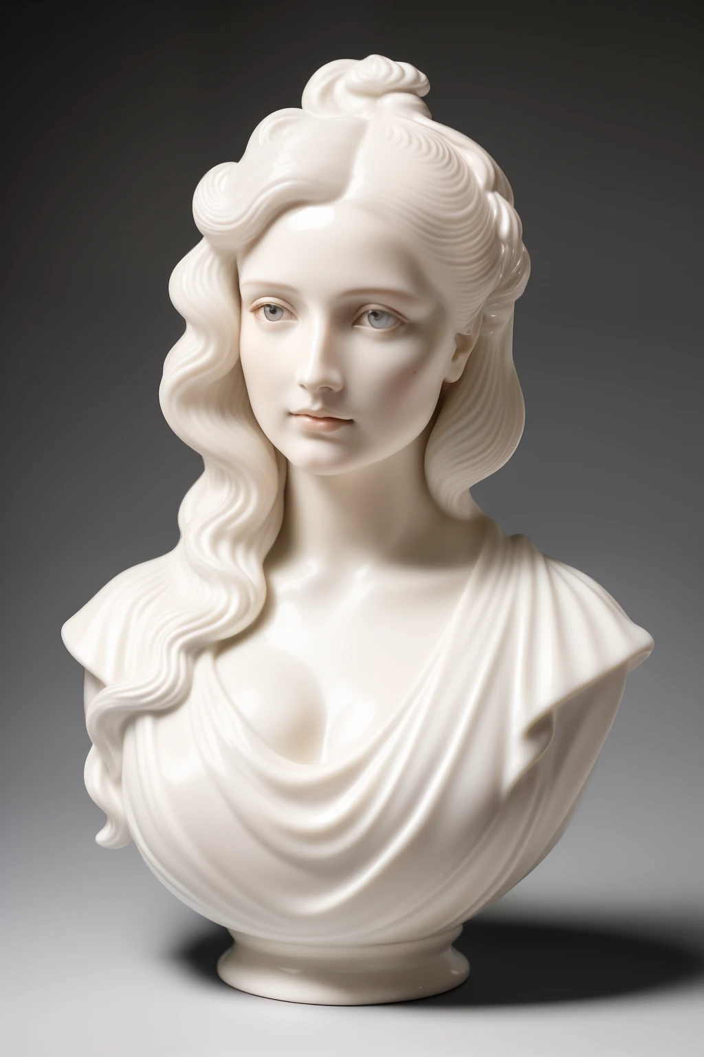 A gracefully aging sculptor meticulously carves a stunning statue of a captivating young woman. The sculpture, crafted in marble, captures the woman's ethereal beauty with delicate features and flowing hair cascading down her back. The artist's skill is evident in the lifelike expression on the woman's face, her eyes seemingly gazing into the distance with a hint of melancholy. The exquisite craftsmanship and attention to detail make this sculpture a masterpiece of timeless elegance. Full body character