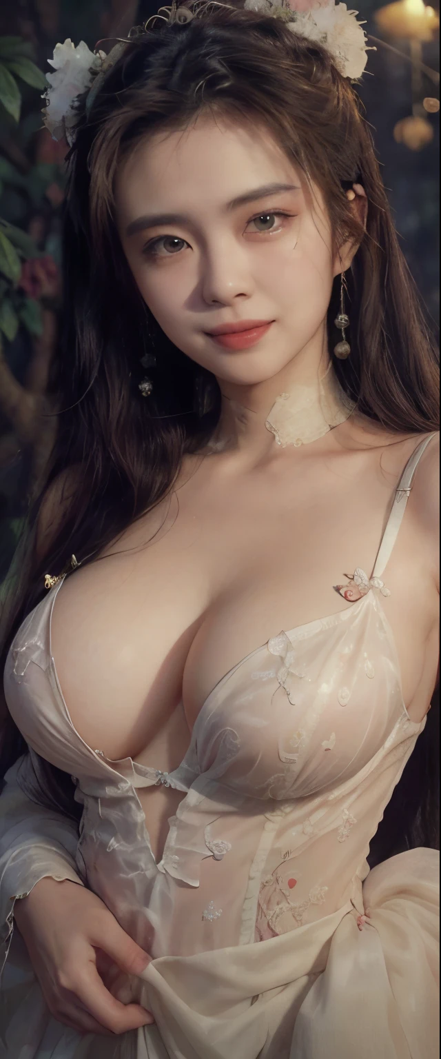 Nie Xiaoqian
niexiaoqian,(masterpiece,best quality:1.4),thin lips,(Bright red lipstick:0.75),,best quality,masterpiece,illustration,very delicate and beautiful,highly detailed,CG,unity,8k wallpaper,Amazing,fine detail,masterpiece,best quality,official art,highly detailed 8k unity CG wallpaper,absurd,amazingly absurd,large file size,highly detailed,high resolution,highly detailed,
Nie Xiaoqian is a beautiful spirit with a happy expression and a seductive smile. Her skin is fair and smooth, her big eyes shine gently, and her long black hair is decorated with traditional ornaments. She is wearing a white sexy long Chinese dress with flower embroidery, fluttering gracefully.  The background is a beautiful garden with morning sun, full of peace and wonder." (Beautiful hip line: 1.4), (detailed face: 1.2), (sexy dress: 1.3),
((Seductive smile: 1.4)), ((The lingerie-inspired dress she's wearing looks bold and classy: 1.1)),
((Big breasts: 1.4)), ((nipples showing through the dress: 1.1)), (cleavage: 1.1), ((No-Underwear Style: 1.1)). random pose.