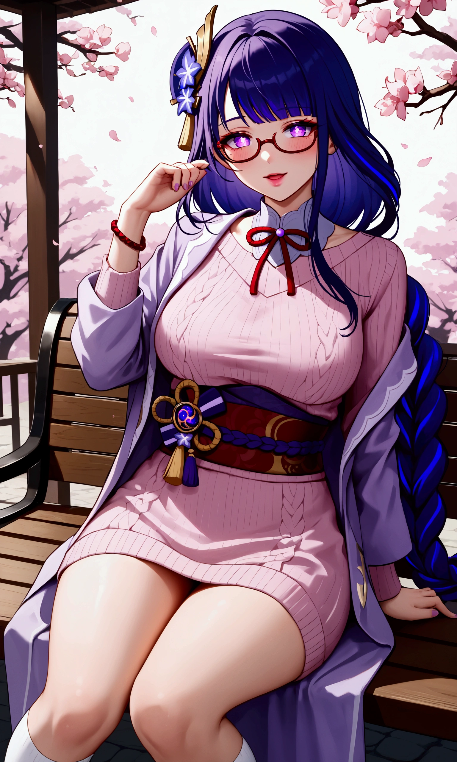 raiden shogun, genshin impact, long hair, hair ornament, glasses, purple eyes, thick eyelashes, bright pupils, detailed eyes, pink lips, blush, seductive smile, open mouth, big breasts, thick thighs, neclace, bracelets, hand up++, shy, yandere, pink sweater, purple coat, open clothes, black miniskirt, long socks, perfect cherry blossom, perfect anatomy, perfect lightning, perfect shadows, soft lightning, solo focus, detailed face, female pervert, ultra hd, high quality, sitting on bench,