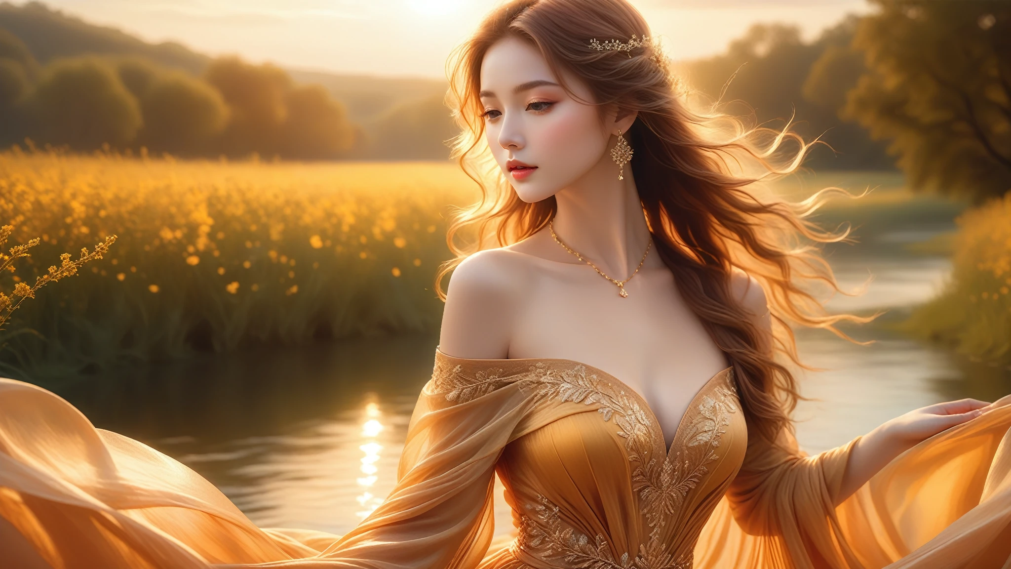 A Masterwork In 32K Resolution, Unmatched Quality, Ultra-Fine Details, Official Art, Supreme 32K Wallpaper, Gorgeous And Ethereal, Highly Detailed Features, Spellbinding Detail, Dutch Angle, Hyper-Realistic, Summer Landscape. One Girl, Solitary, Golden And Wavy Hair, Long And Flowing, She Is Wrapped In Delicate, Sensuous Silk Fabric, Off-The-Shoulder, Highlight Her Ample Breasts, Ruby Choker, Exquisite Cleavage, Radiant Sunset, Floating Glimmers Surrounding Her. The Composition Of Her Ethereal Beauty Is Otherworldly, With The Reflected Adding Depth And Magic, Enhanced By Gentle, Dreamlike Lighting That Captures Every Nuance. Her Sculpted, Angelic Face Shines Against The Lush Meadows, Illuminating Her Timeless Grace In This Astonishingly Realistic And Enchanting Scene.