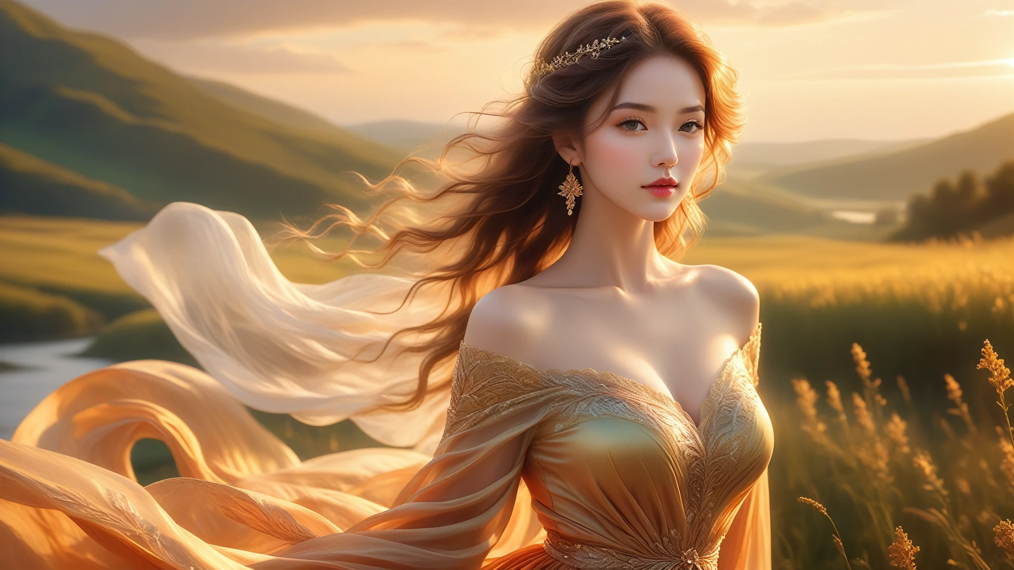 A Masterwork In 32K Resolution, Unmatched Quality, Ultra-Fine Details, Official Art, Supreme 32K Wallpaper, Gorgeous And Ethereal, Highly Detailed Features, Spellbinding Detail, Dutch Angle, Hyper-Realistic, Summer Landscape. One Girl, Solitary, Golden And Wavy Hair, Long And Flowing, She Is Wrapped In Delicate, Sensuous Silk Fabric, Off-The-Shoulder, Highlight Her Ample Breasts, Ruby Choker, Exquisite Cleavage, Radiant Sunset, Floating Glimmers Surrounding Her. The Composition Of Her Ethereal Beauty Is Otherworldly, With The Reflected Adding Depth And Magic, Enhanced By Gentle, Dreamlike Lighting That Captures Every Nuance. Her Sculpted, Angelic Face Shines Against The Lush Meadows, Illuminating Her Timeless Grace In This Astonishingly Realistic And Enchanting Scene.