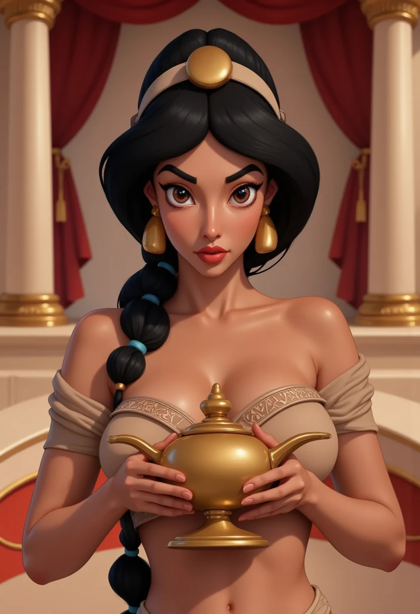 1girl, holding aladdin lamp, in palace full of gold, detailed face, beautiful eyes, long eyelashes, detailed clothing, intricate palace interior, ornate architecture, warm lighting, shimmering gold accents, photorealistic, highly detailed, cinematic composition, award winning digital art