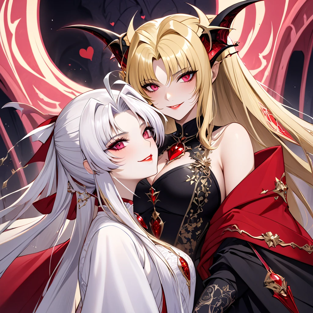 red (antopomorf dragongirl), scale, (clear eyes), long dress, flat breasts, evil smile, open mouth teeth, hug