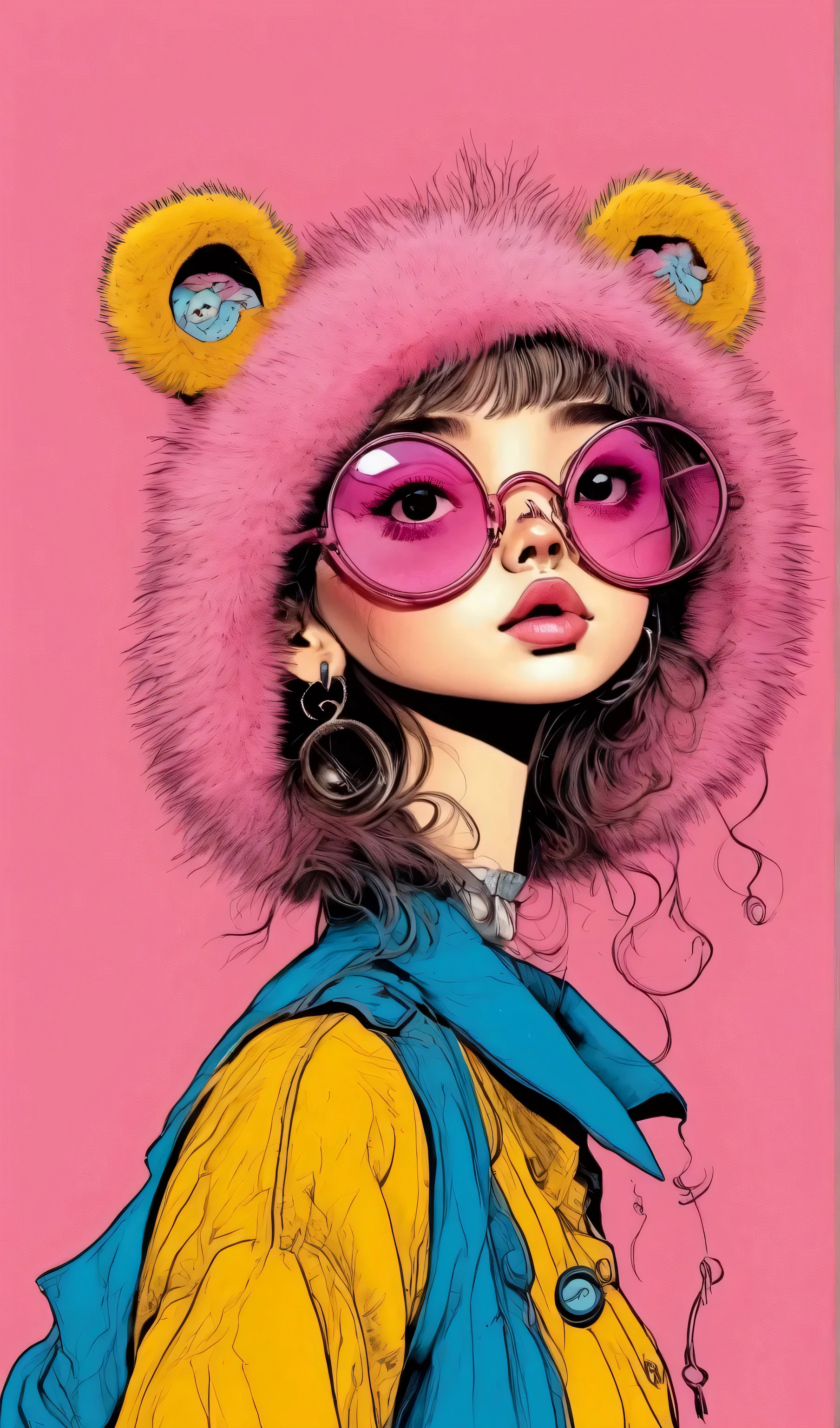  a person wearing a bear hat and round soft pink glasses has their index fingers next to their mouth,  she puts her lips as if she were going to kiss ,  on her fingers she wears rings she wears a furry pink coat , earrings with little bears ,  wears disheveled bangs ,  her eyes wide open beautiful and tender , pink background .,  vector art by Yamagata Hiro ,  trend in cg , esteticismo, in blue and yellow clothes, anime  full body illustration ,  full body illustration , some  yellow and blue,  illustration style ,  yellow and blue, yellow clothes, Phone background, y2k style, y2k style, Beautiful art style