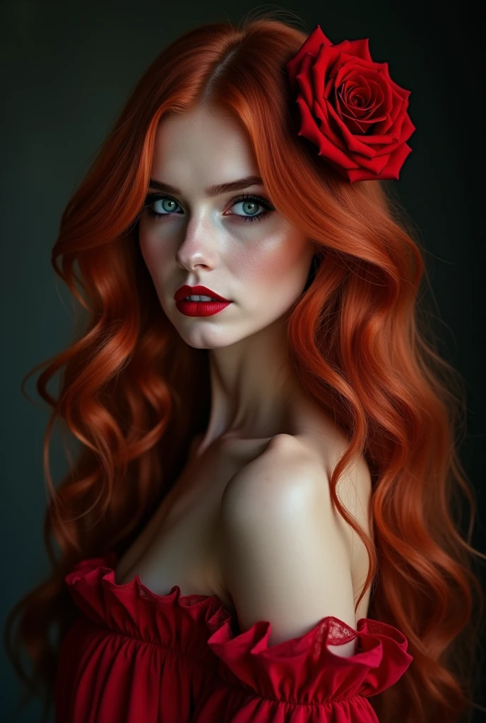 A beautiful woman with long red hair and blue eyes, wearing a gothic red dress and a red rose in her hair with red lipstick.hdr, 8k, ultra realistic.