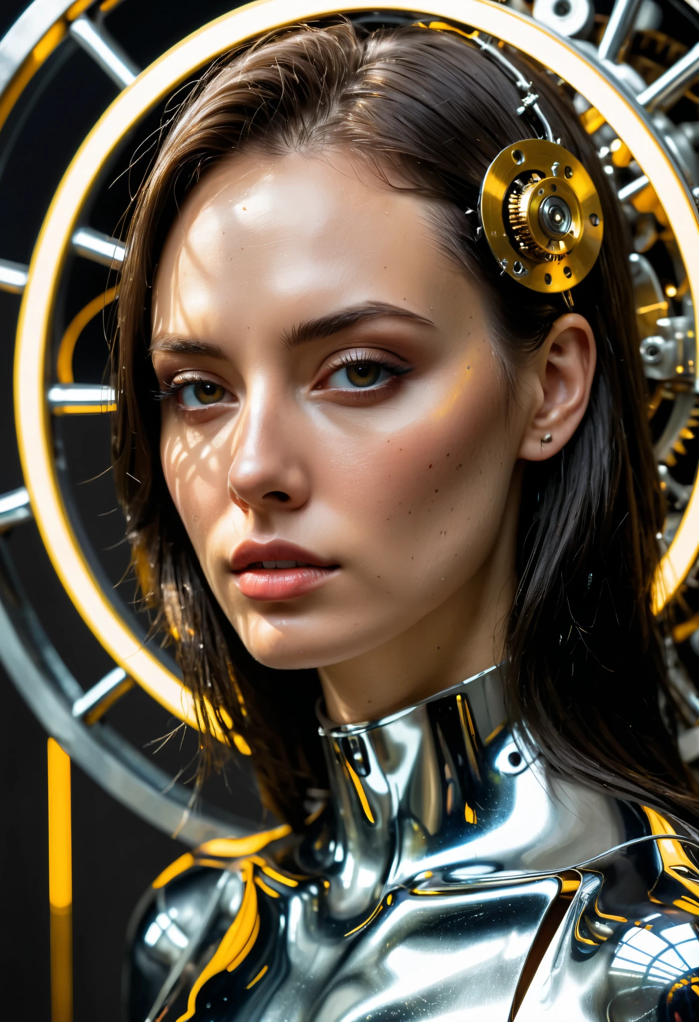 highly detailed portrait, (abstract art, surreal), by Android Jones, by Tomma Abts, 1girl in mechanism, high resolution, (cinematic:1.3), (chronophobia:1.2), wheels, clockwork, (subsurface light scattering, metal reflection:1.2), gold theme, silver theme, dark theme, depth of field, timeless, diffused lighting, mastercraft, eye-catching art, amazing background