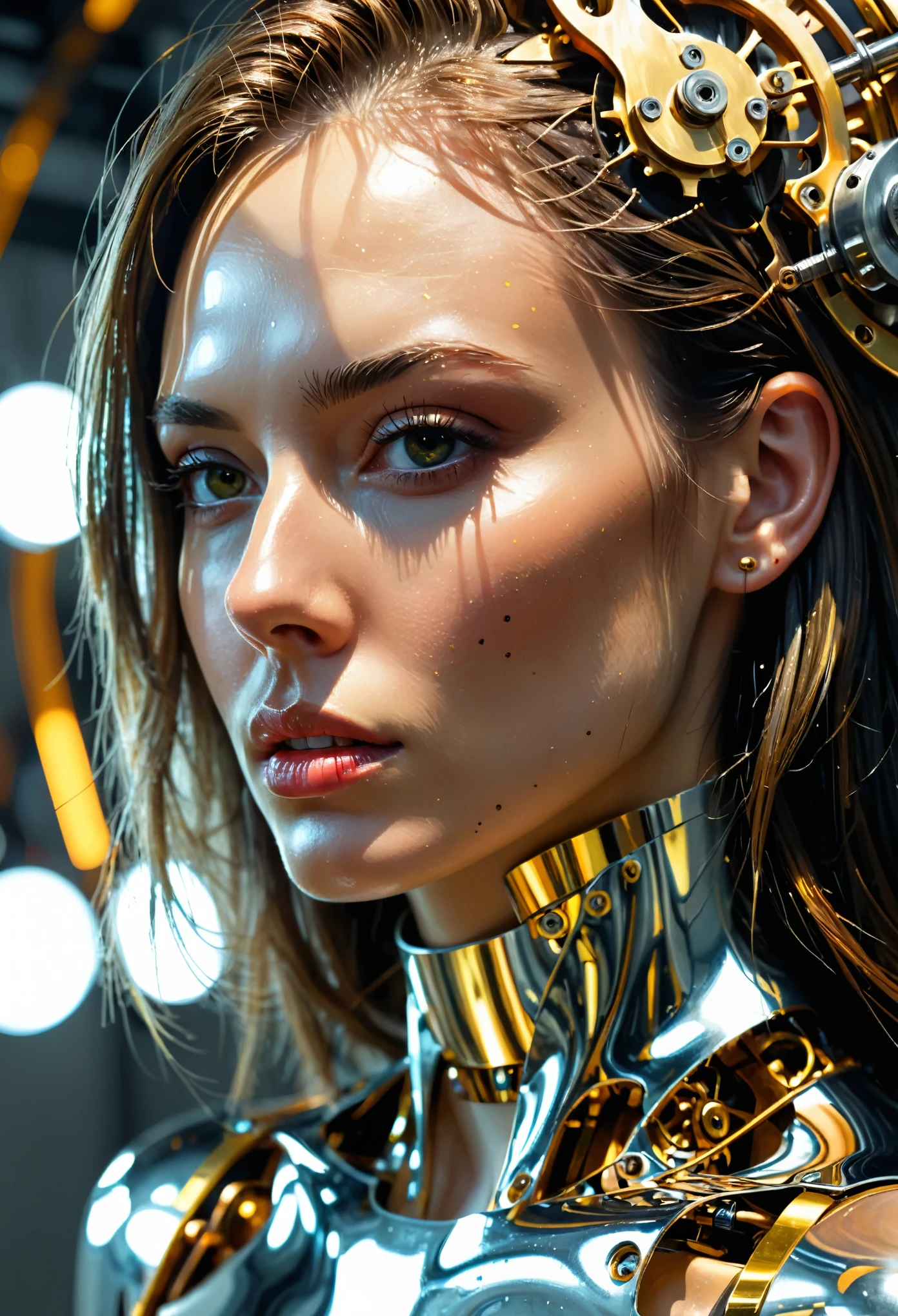 highly detailed portrait, (abstract art, surreal), by Android Jones, by Tomma Abts, 1girl in mechanism, high resolution, (cinematic:1.3), (chronophobia:1.2), wheels, clockwork, (subsurface light scattering, metal reflection:1.2), gold theme, silver theme, dark theme, depth of field, timeless, diffused lighting, mastercraft, eye-catching art, amazing background
