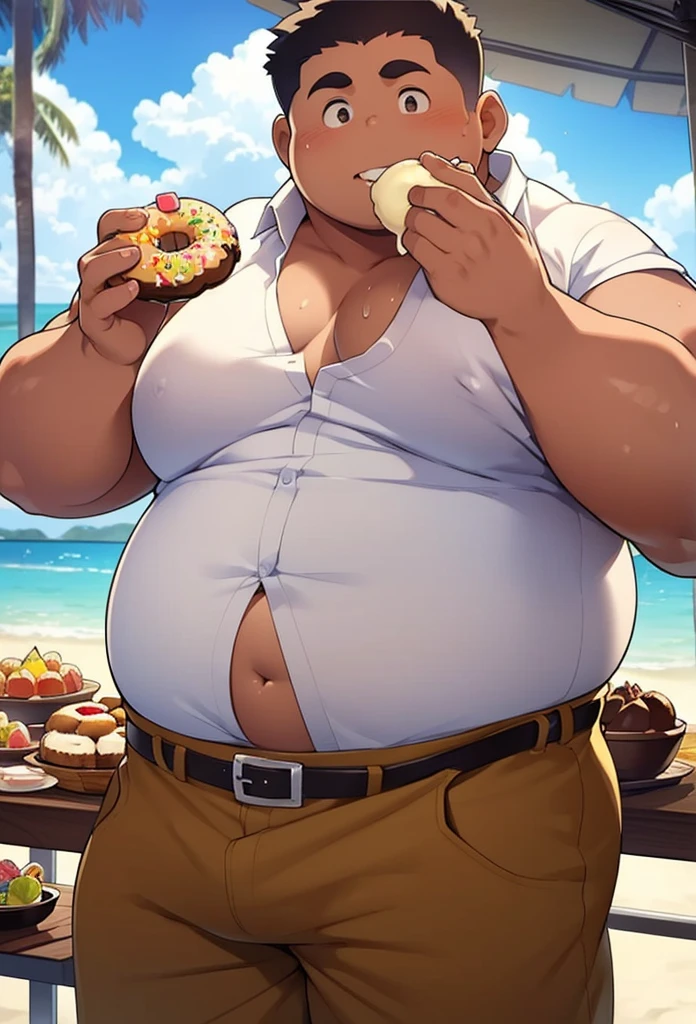 Fat indian boy , obese boy, big belly, tight belly, small white button shirt, small brown shorts, eating a chocolate donut, obese, muscle-less guy, wearing an extremely tight sleeveless shirt, his fat pecs sticking out of the sides of the shirt, big fat baker's belly, paunchynext to a box full of desserts and sweets, fat face, big fat obese asshole, fat boy tits, Her tits are pointing in opposite directions, belly hanging out of her shirt, fat navel that slightly lifts the shirt, exposed navel, glutton, distracted, extreme obesity, hard inflated black nipples, sweat, heat, sun rays, 3:4, detailed face