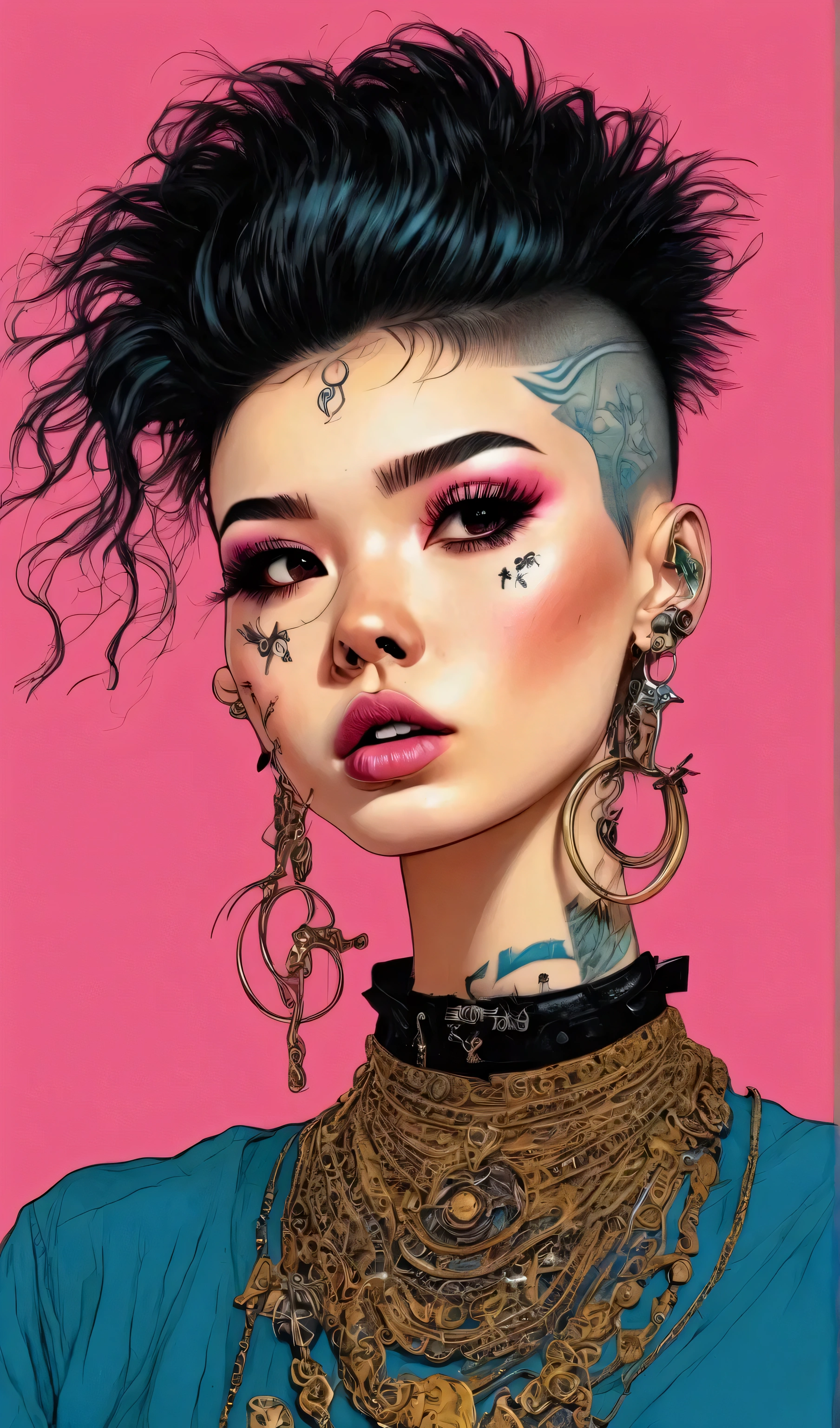 a woman with tattoos on her face and body bangs reach her eyebrows ,  eyes closed with long false eyelashes ,  head tilted to the side a little upwards sticking out her tongue with a Piercing;1,3 , wears black leather clothing with crosses like rings and Piercing all over her ear , chain necklace,  shows a bare shoulder with tattoos , pink background,   vector art by Yamagata Hiro ,  trend in cg , esteticismo, in blue and yellow clothes, anime  full body illustration ,  full body illustration , some  yellow and blue,  illustration style ,  yellow and blue, yellow clothes, Phone background, y2k style, y2k style, Beautiful art style