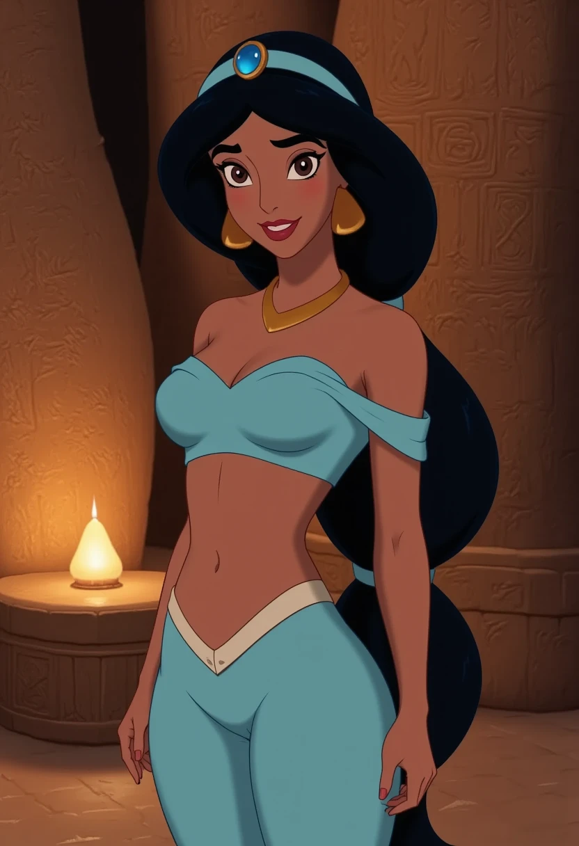 (Masterpiece, Best Quality, Highres:1.2), Detailed, Intricate Details, 4K, 1Girl, (Solo:1.2), jasmine, long hair, breasts, black hair, navel, cleavage, bare shoulders, brown eyes, jewelry, earrings, midriff, dark skin, necklace, off shoulder, blurry, dark-skinned female, crop top, blue shirt, clenched hands, circlet, off-shoulder shirt, arabian clothes, looking at viewer, Princess Jasmine had always been known for her adventurous spirit. Despite living a life of luxury and privilege within the walls of the palace in Agrabah, she had a yearning for something more. She longed for experiences beyond the palace gardens, the bustling marketplace, and the opulent halls of her home. Her heart craved adventure, and on this particular day, that yearning led her to a place she had never ventured before—a hidden cave on the outskirts of the kingdom.
The cave had been a subject of local legends and stories, whispered about by the townsfolk. They spoke of it as a place of mystery and magic, a cavern untouched by time itself. Jasmine, always curious and fearless, decided to explore this enigmatic location, accompanied only by her loyal tiger companion, Rajah.
As she stood at the cave's entrance, Jasmine couldn't help but feel a sense of trepidation. The opening was wide and dark, and an eerie silence enveloped the surroundings. It was as if the cave held its breath, waiting for her to step inside. But she couldn't resist the allure of the unknown. Holding a torch high, she ignited it with a small flame and took her first step into the cavern's depths.
The torch's flame flickered and cast dancing shadows on the rough, uneven walls of the cave. The light revealed ancient markings etched into the stone, symbols of a language long forgotten. Jasmine's eyes sparkled with curiosity as she traced her fingers over the mysterious carvings. The cave seemed to be a place of historical significance, and she was determined to uncover its secrets.