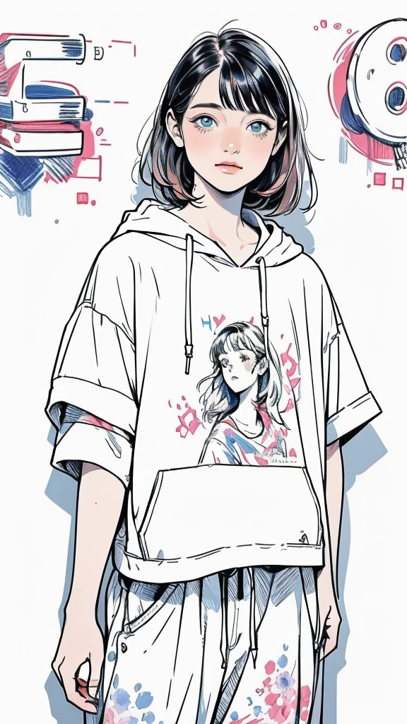 (masterpiece, Highest quality, Very detailed, 8k, Realistic),  One Girl, alone, Very detailed face, (head shot:1.5), Standing in front of a wall covered in hip hop graffiti, medium multi color hair, She is wearing a short T-shirt  and an open hoodie, watercolor, lineart, rough sketch