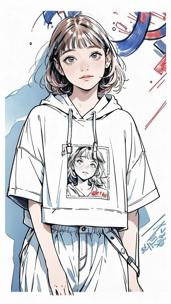 (masterpiece, Highest quality, Very detailed, 8k, Realistic),  One Girl, alone, Very detailed face, (head shot:1.5), Standing in front of a wall covered in hip hop graffiti, medium multi color hair, She is wearing a short T-shirt  and an open hoodie, watercolor, lineart, rough sketch