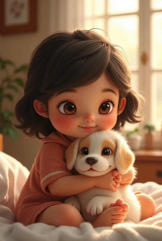Create a realistic image A  named Irsha4 years old  is lying with her boy
