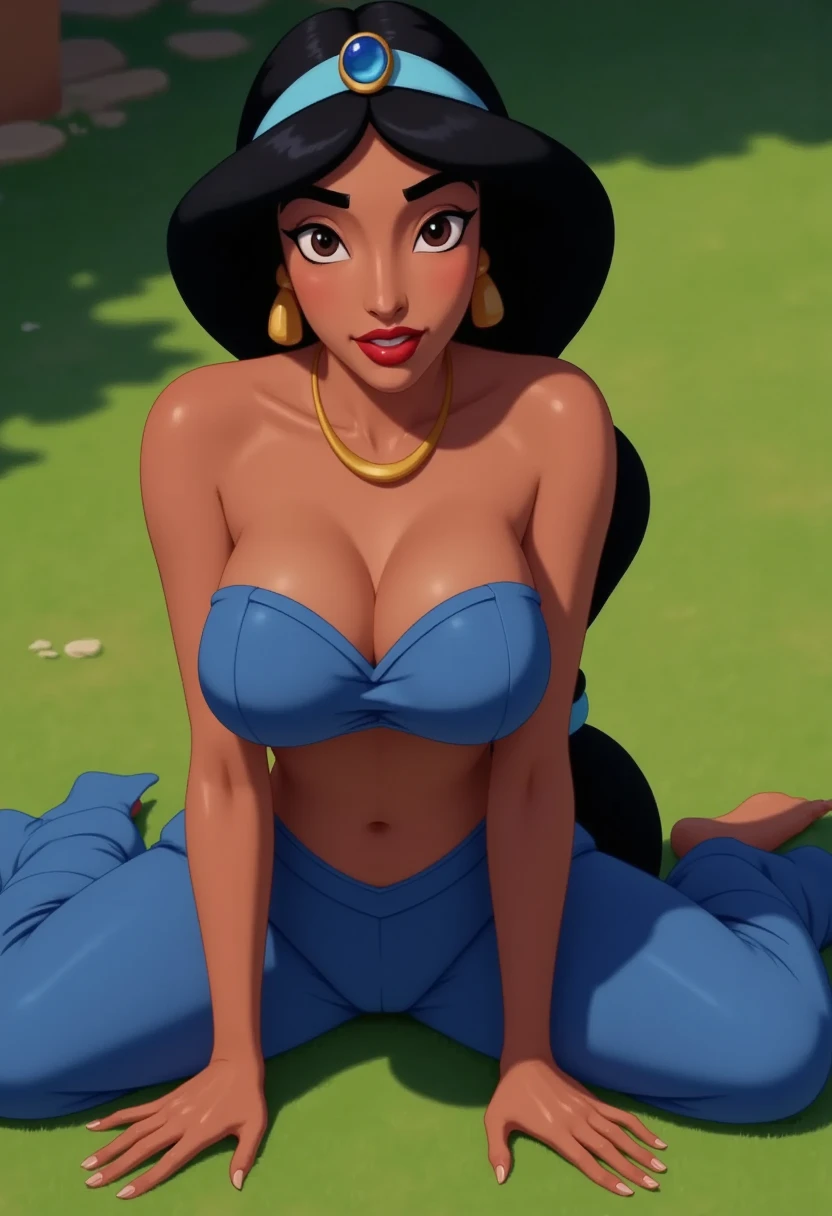 jasmine, brown eyes, long black hair, hairband, dark skin,earrings, red lipstick, bare shoulders, brown eyes, jewelry, blue bedlah crop top, blue harem pants, looking at viewer, serious, from_behind, on all fours, ass, on grass, outside, garden, high quality, masterpiece