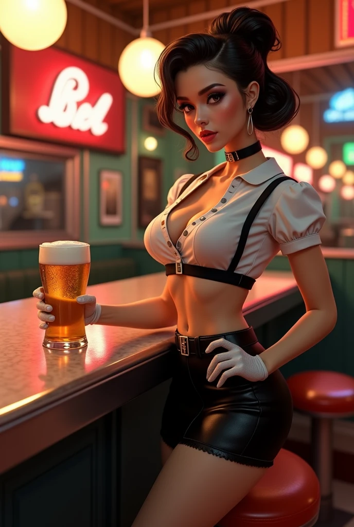 A stunningly detailed image depicts a woman with an athletic figure, medium perky breasts, and bear ears, her long brown hair tied in a ponytail. She wears a revealing black shirt paired with blue jean shorts, and her piercing red eyes stand out in the tavern scene where she is shown drinking. This painting captures the essence of a captivating fantasy character, blending realism with elements of whimsy. Each intricate detail is expertly rendered, showcasing the artist's skill and attention to detail.