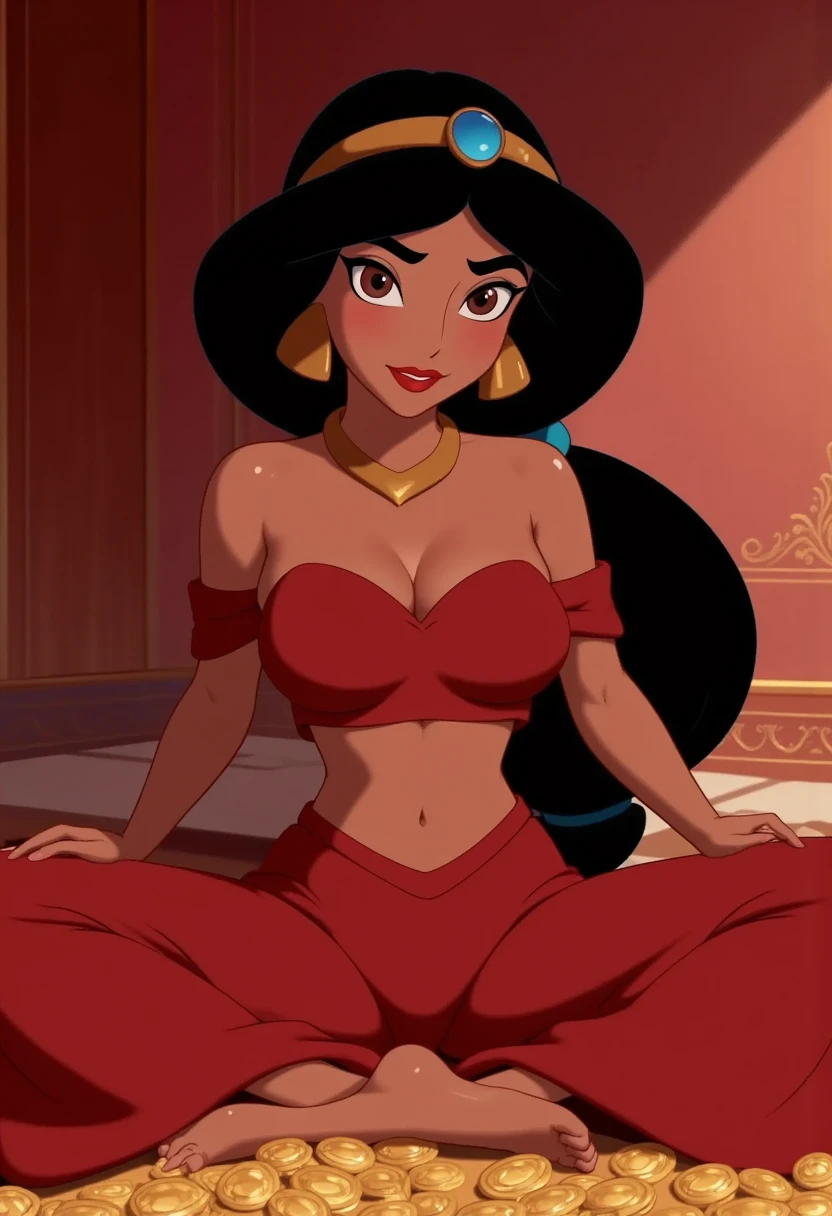 jasmine, long black hair, hairband, dark skin,earrings, red lipstick, ponytail, jewelry, tassle earrings, red crop top, red harem pants, arm bracelet, looking at viewer, serious, embarrassed, blush, lying, on back, spreading legs, pile of gold coins, inside dark room, red theme, high quality, masterpiece