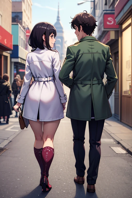 (( best quality)),((masterpiece)),(( super detailed)), turn around, natural smile ,While walking,Date Style, couples after insertion,bustling street,ラブラブ couples after insertion, duffle coats,