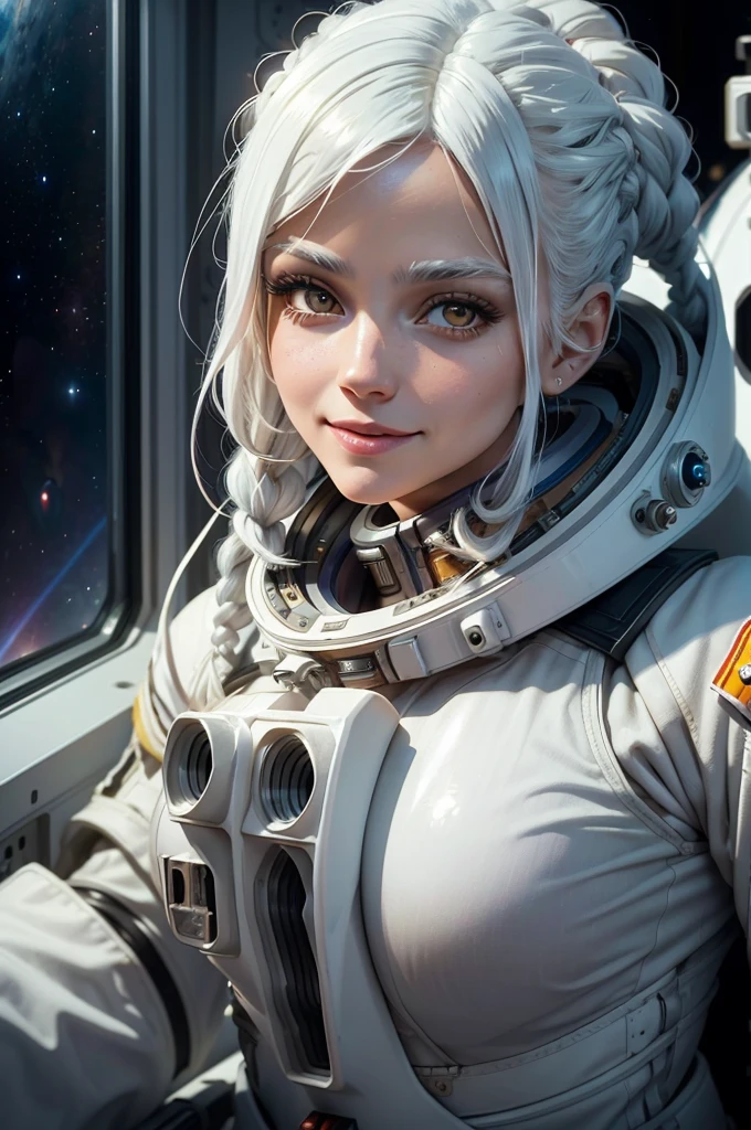 mythp0rt, 1girl, white hair, spacesuit, shiny skin, cleavage, huge breasts, eye contact, braid, light smile, astronaut, in international space station, tilted angle, moody lighting, flouting, suggestive pose, window, professional lighting, science fiction, perfect quality, high quality, photorealistic 