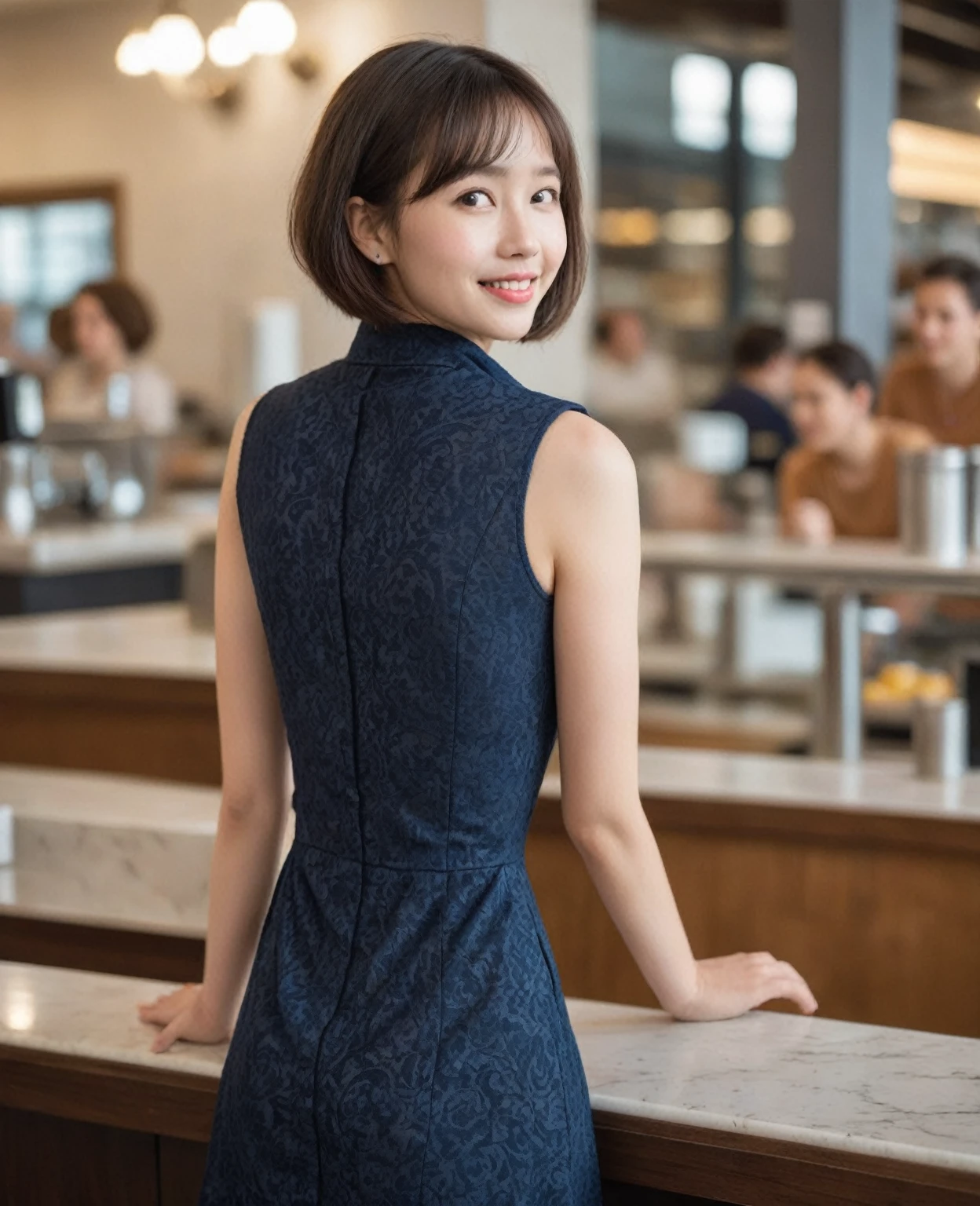  comet ,  real skin , (Old-fashioned smile:1.2),(Soft light:1.8),( glossy skin with texture ), ( bright :1.6),
( high resolution human skin texture details), (Rough skin:1.4),(Uneven skin tone:1.6),
Navy Damask Shirt Dress In Coffee Shop,
( bob hair), (Thigh focus)
