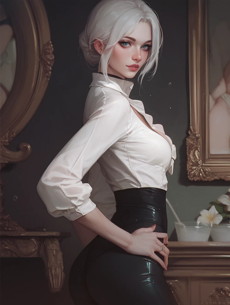 (best quality, masterpiece:1.2), ultra high res, realistic, front lighting, intricate detail, Exquisite details and textures, 1girl, solo ,(young), face highlight, upper body, detailed face, large breast, tear mole, white skin, silver hair, ponytail, braid hair, looking at viewer, big eyes, silk robe, (hollow pattern, white, silk), earrings, small breasts, slim body, luxury room, professional lighting, photon mapping, radiosity, physically-based rendering,
