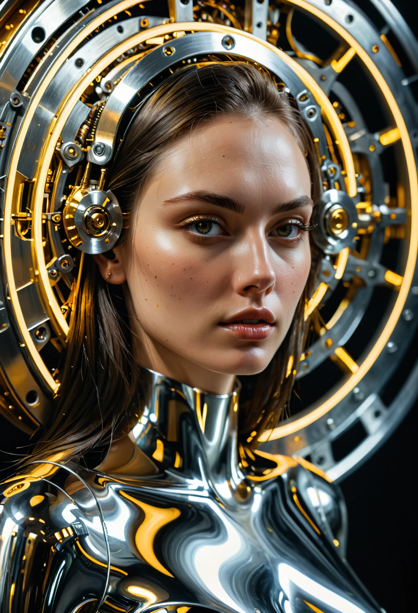 highly detailed portrait, (abstract art, surreal), by Android Jones, by Tomma Abts, 1girl in mechanism, high resolution, (cinematic:1.3), (chronophobia:1.2), wheels, clockwork, (subsurface light scattering, metal reflection:1.2), gold theme, silver theme, dark theme, depth of field, timeless, diffused lighting, mastercraft, eye-catching art, amazing background