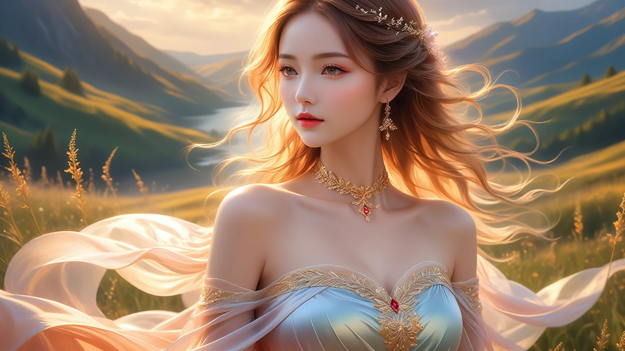 A Masterwork In 32K Resolution, Unmatched Quality, Ultra-Fine Details, Official Art, Supreme 32K Wallpaper, Gorgeous And Ethereal, Highly Detailed Features, Spellbinding Detail, Dutch Angle, Hyper-Realistic, Summer Landscape. One Girl, Solitary, Golden And Wavy Hair, Long And Flowing, She Is Wrapped In Delicate, Sensuous Silk Fabric, Off-The-Shoulder, Highlight Her Ample Breasts, Ruby Choker, Exquisite Cleavage, Radiant Sunset, Floating Glimmers Surrounding Her. The Composition Of Her Ethereal Beauty Is Otherworldly, With The Reflected Adding Depth And Magic, Enhanced By Gentle, Dreamlike Lighting That Captures Every Nuance. Her Sculpted, Angelic Face Shines Against The Lush Meadows, Illuminating Her Timeless Grace In This Astonishingly Realistic And Enchanting Scene.