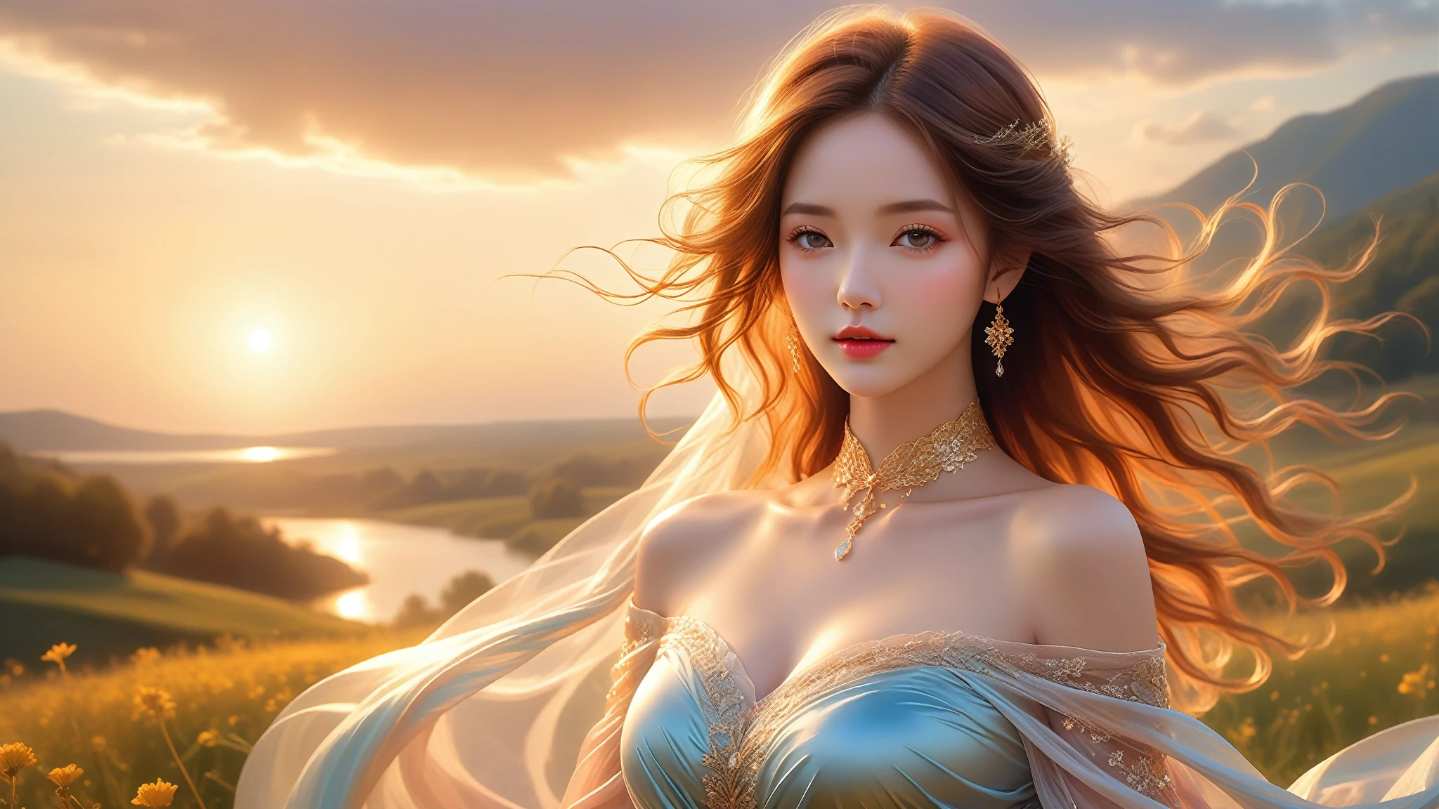 A Masterwork In 32K Resolution, Unmatched Quality, Ultra-Fine Details, Official Art, Supreme 32K Wallpaper, Gorgeous And Ethereal, Highly Detailed Features, Spellbinding Detail, Dutch Angle, Hyper-Realistic, Summer Landscape. One Girl, Solitary, Golden And Wavy Hair, Long And Flowing, She Is Wrapped In Delicate, Sensuous Silk Fabric, Off-The-Shoulder, Highlight Her Ample Breasts, Ruby Choker, Exquisite Cleavage, Radiant Sunset, Floating Glimmers Surrounding Her. The Composition Of Her Ethereal Beauty Is Otherworldly, With The Reflected Adding Depth And Magic, Enhanced By Gentle, Dreamlike Lighting That Captures Every Nuance. Her Sculpted, Angelic Face Shines Against The Lush Meadows, Illuminating Her Timeless Grace In This Astonishingly Realistic And Enchanting Scene.