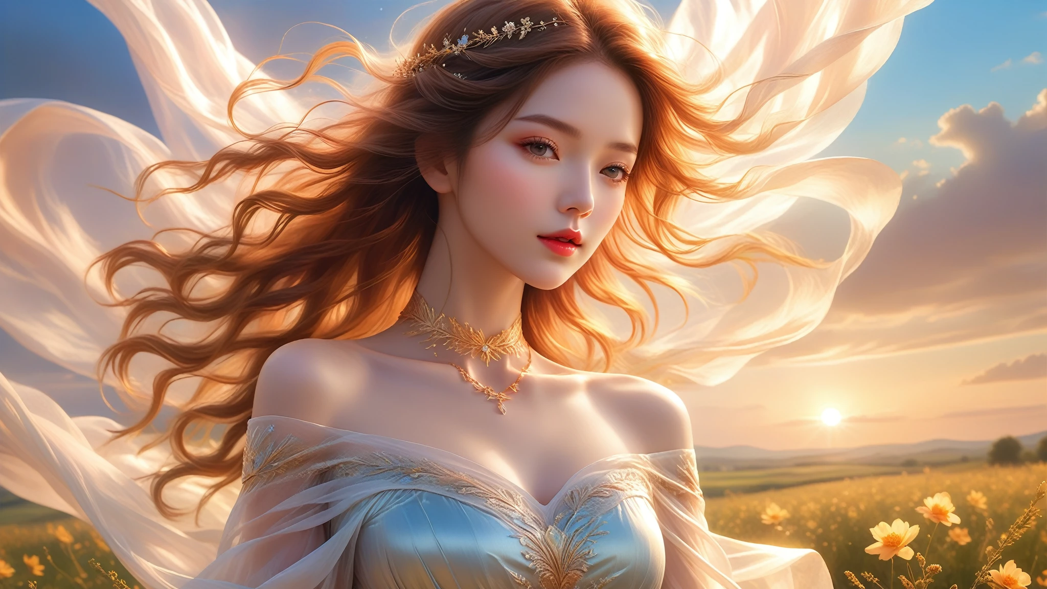 A Masterwork In 32K Resolution, Unmatched Quality, Ultra-Fine Details, Official Art, Supreme 32K Wallpaper, Gorgeous And Ethereal, Highly Detailed Features, Spellbinding Detail, Dutch Angle, Hyper-Realistic, Summer Landscape. One Girl, Solitary, Golden And Wavy Hair, Long And Flowing, She Is Wrapped In Delicate, Sensuous Silk Fabric, Off-The-Shoulder, Highlight Her Ample Breasts, Ruby Choker, Exquisite Cleavage, Radiant Sunset, Floating Glimmers Surrounding Her. The Composition Of Her Ethereal Beauty Is Otherworldly, With The Reflected Adding Depth And Magic, Enhanced By Gentle, Dreamlike Lighting That Captures Every Nuance. Her Sculpted, Angelic Face Shines Against The Lush Meadows, Illuminating Her Timeless Grace In This Astonishingly Realistic And Enchanting Scene.