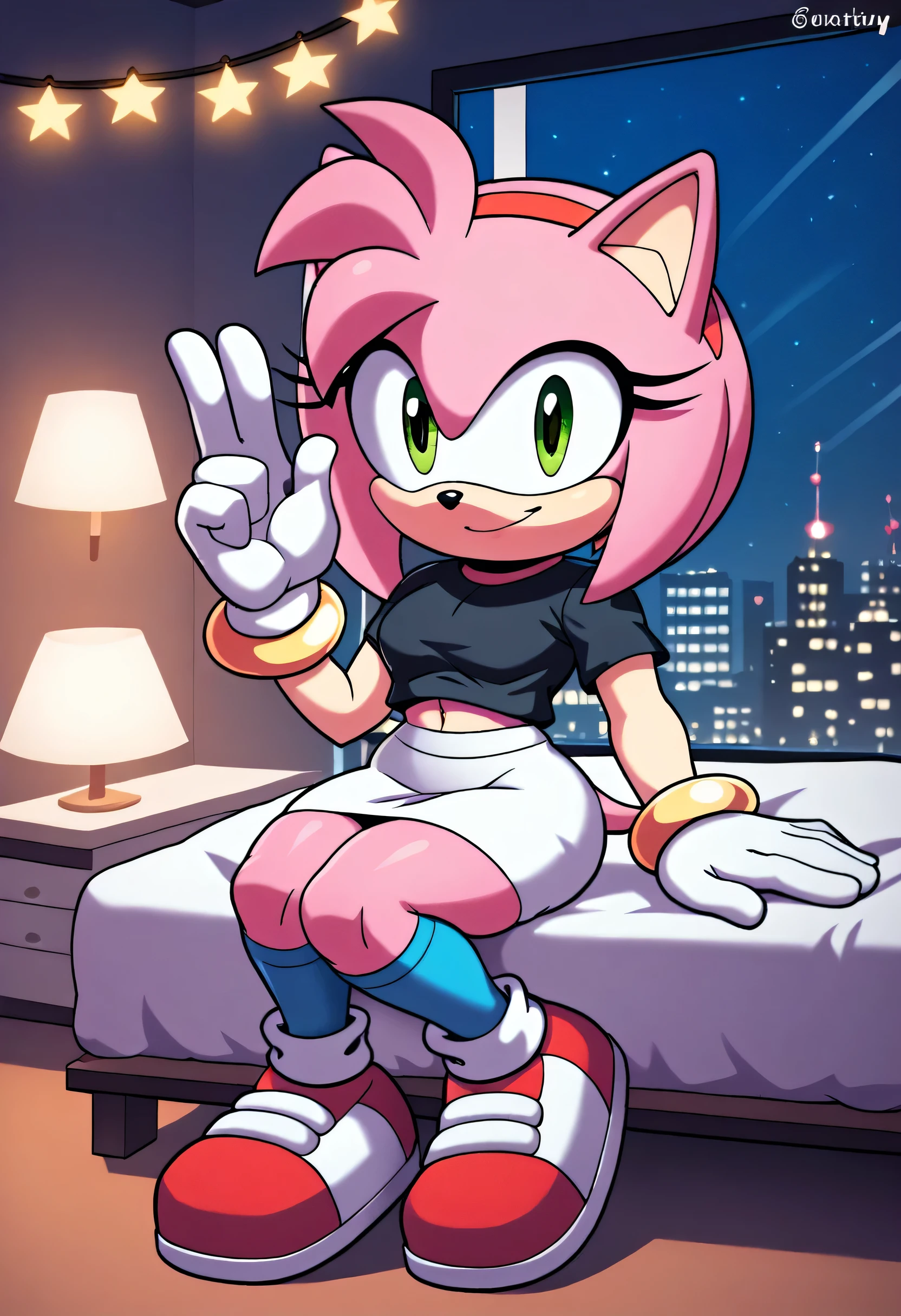 Amy rose, ,sitting on her knees facing forward ,in bed,in the background the city at night ,,lights on the ceiling,flirtatious look, white gloves,Smiling,large thighs,white skirt ,sky blue stockings with black straps,green eyes,white shoes , black t-shirt